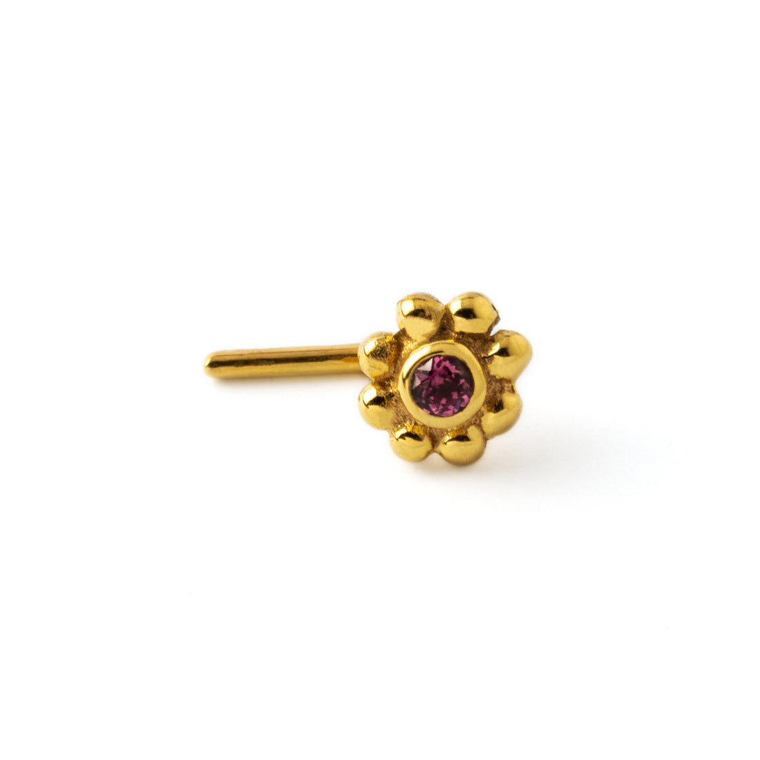 Gold Flower Nose Stud with Garnet frontal view