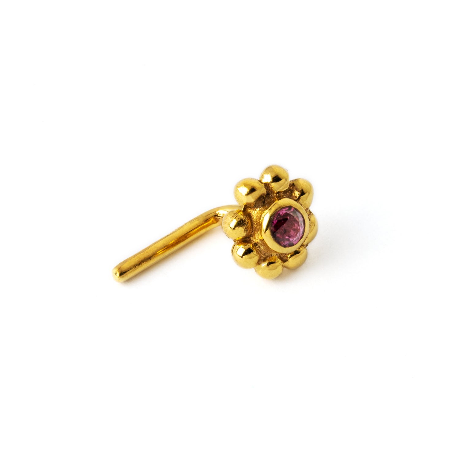 Gold Flower Nose Stud with Garnet right side view