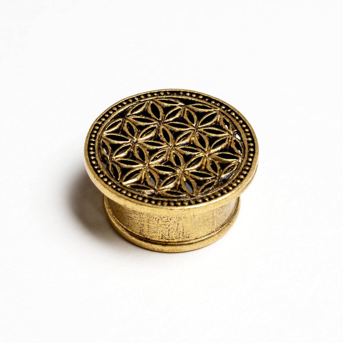 Flower of Life brass flesh tunnel front view