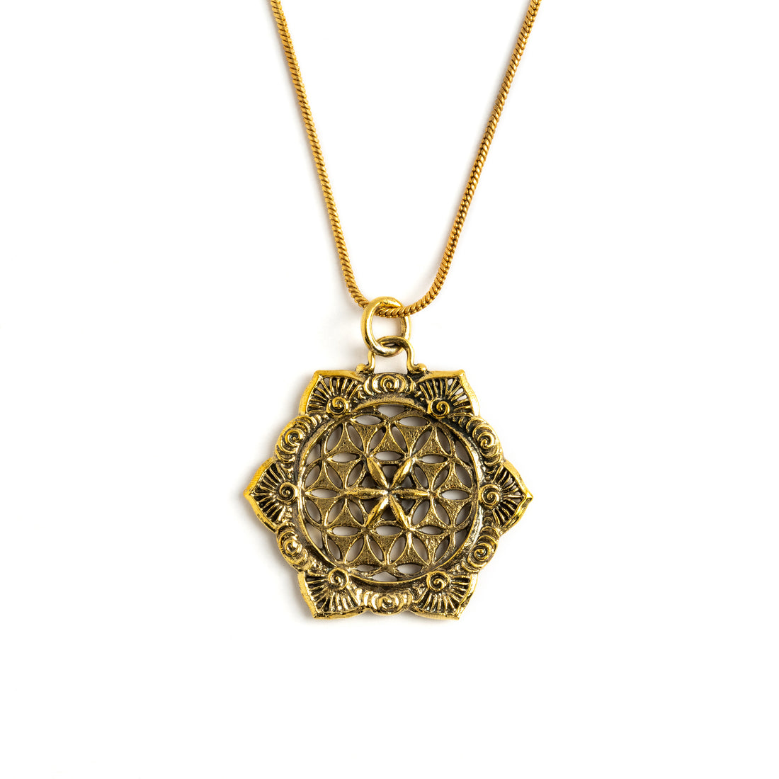 golden flower of life mandala pendant on a brass chain necklace frontal view
