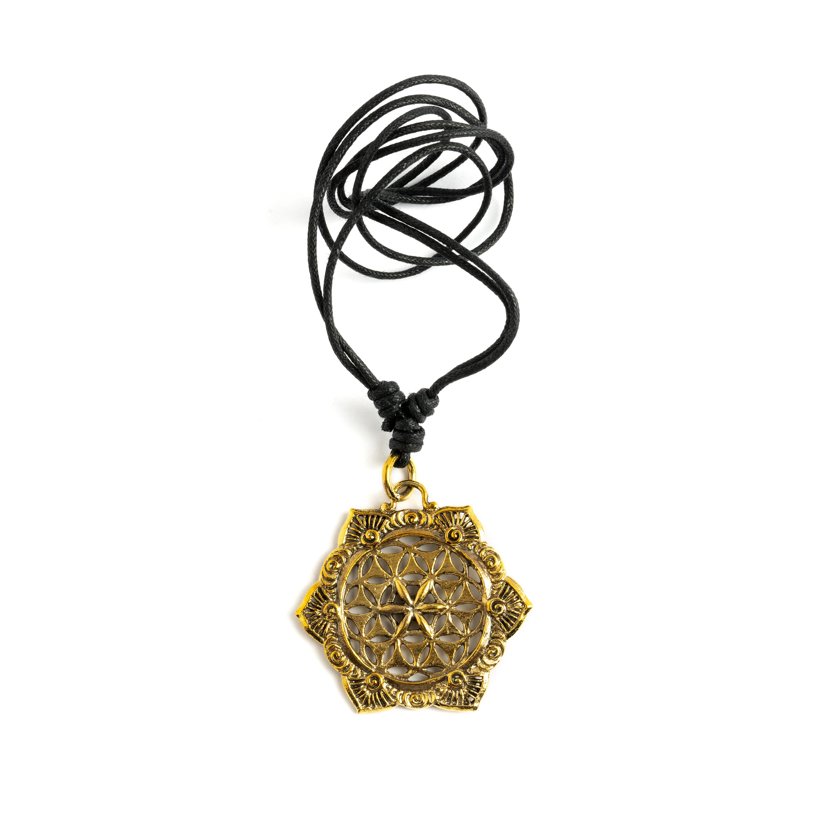 golden flower of life mandala pendant on a cotton cord necklace frontal view