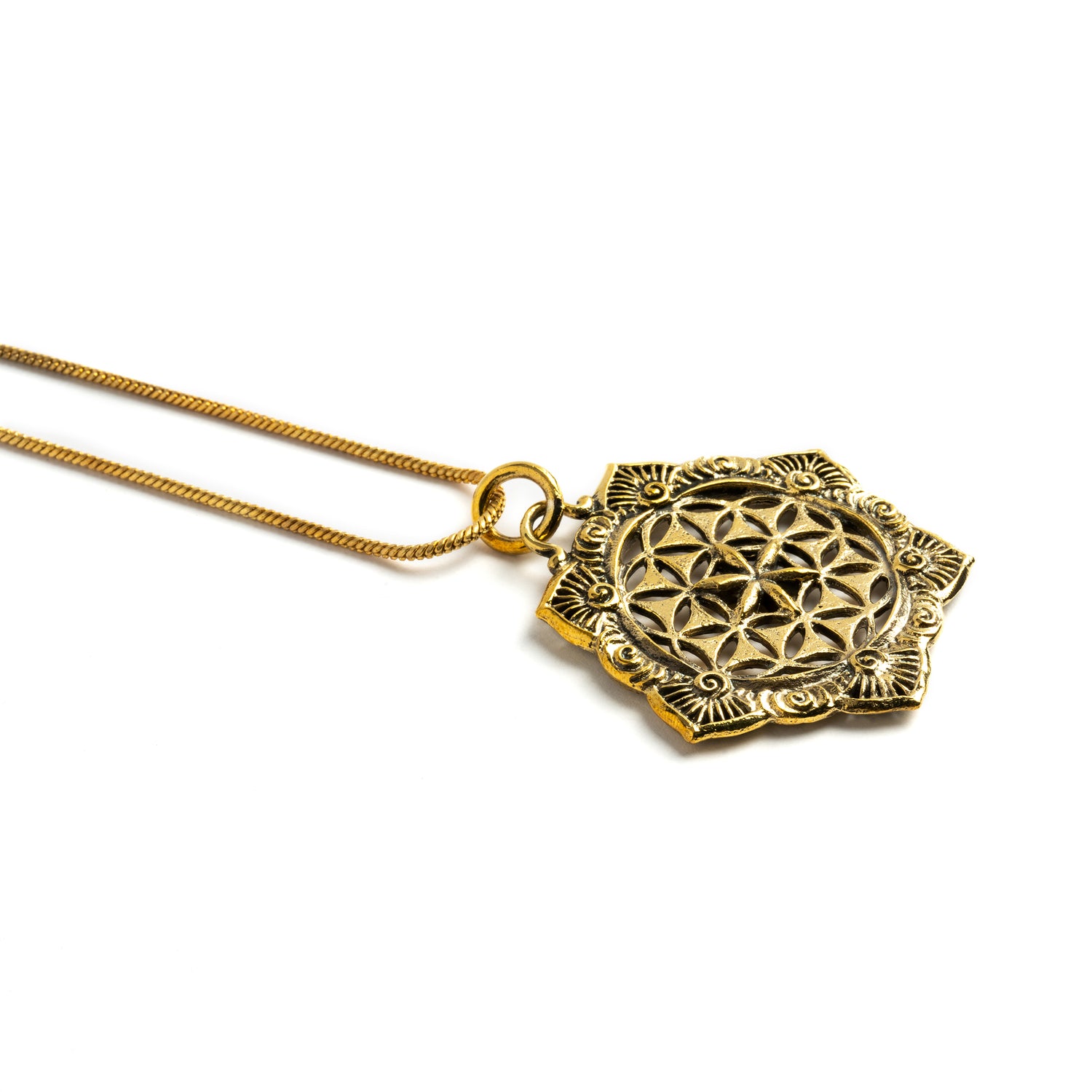golden flower of life mandala pendant on a brass chain necklace down view