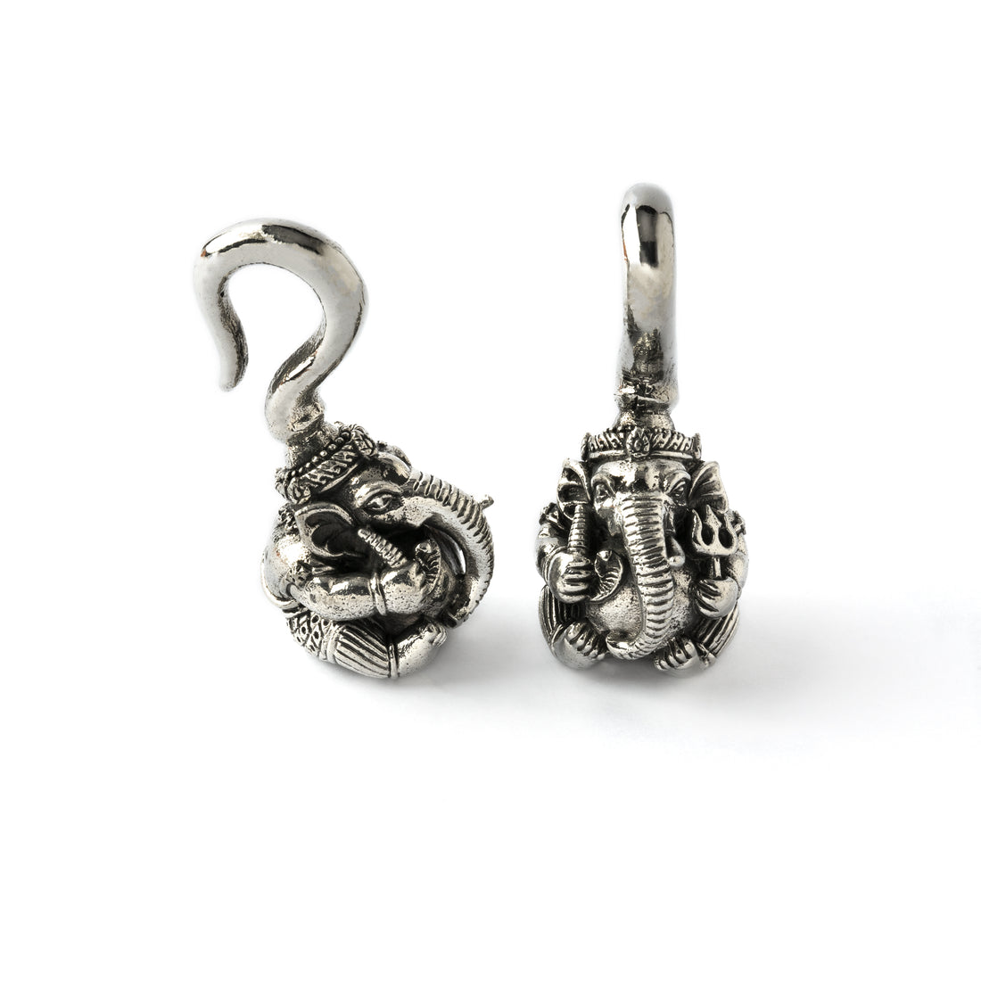 pair of silver brass 3D Ganesh ear weight hangers front and right side view