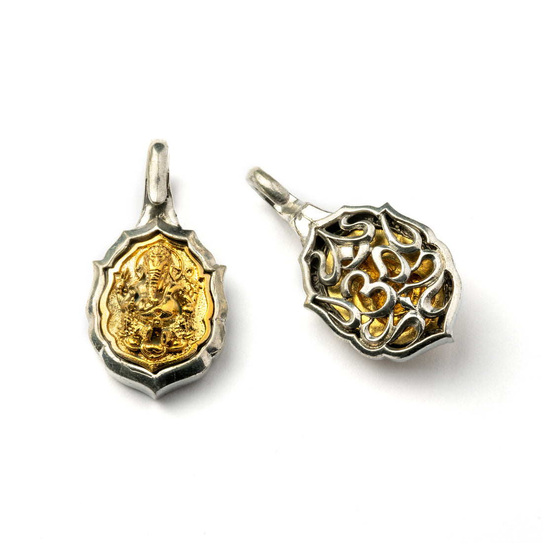 silver and gold Ganesh & Om ear weights hangers front and back view