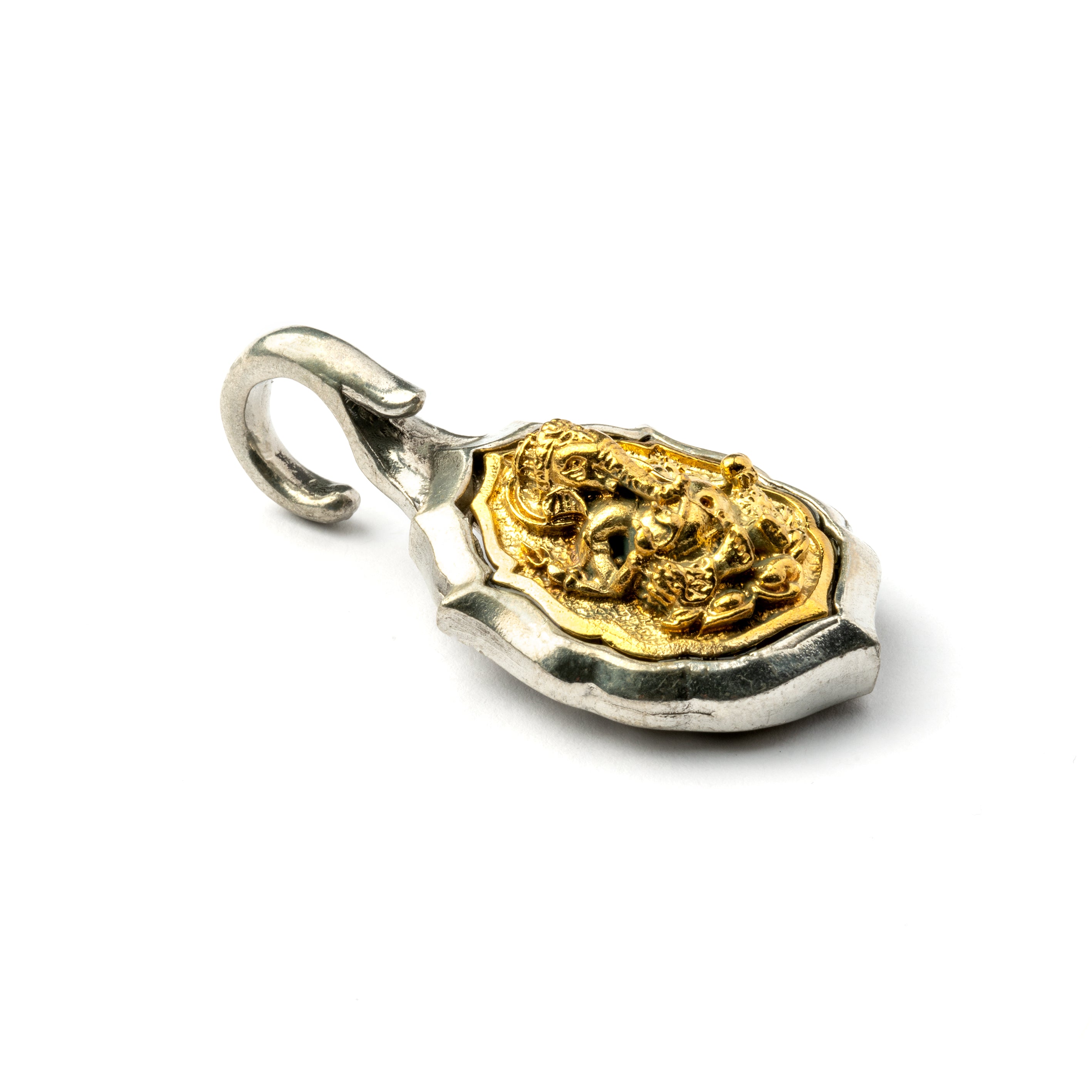 single silver and gold Ganesh & Om ear weight hangers left front view