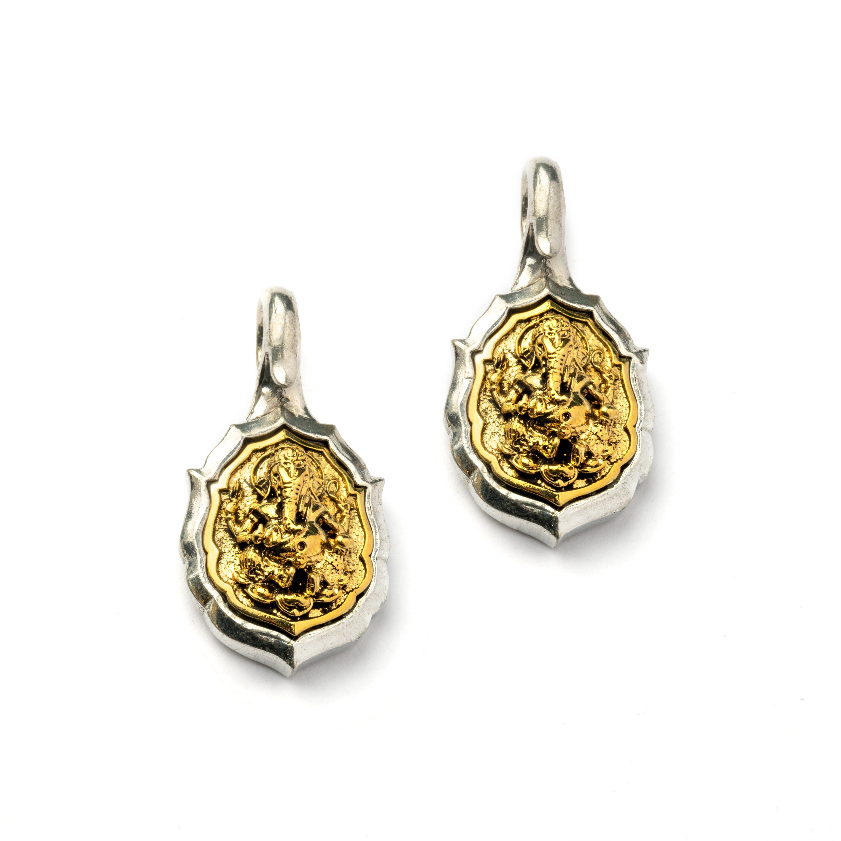 silver and gold Ganesh & Om ear weights hangers frontal view