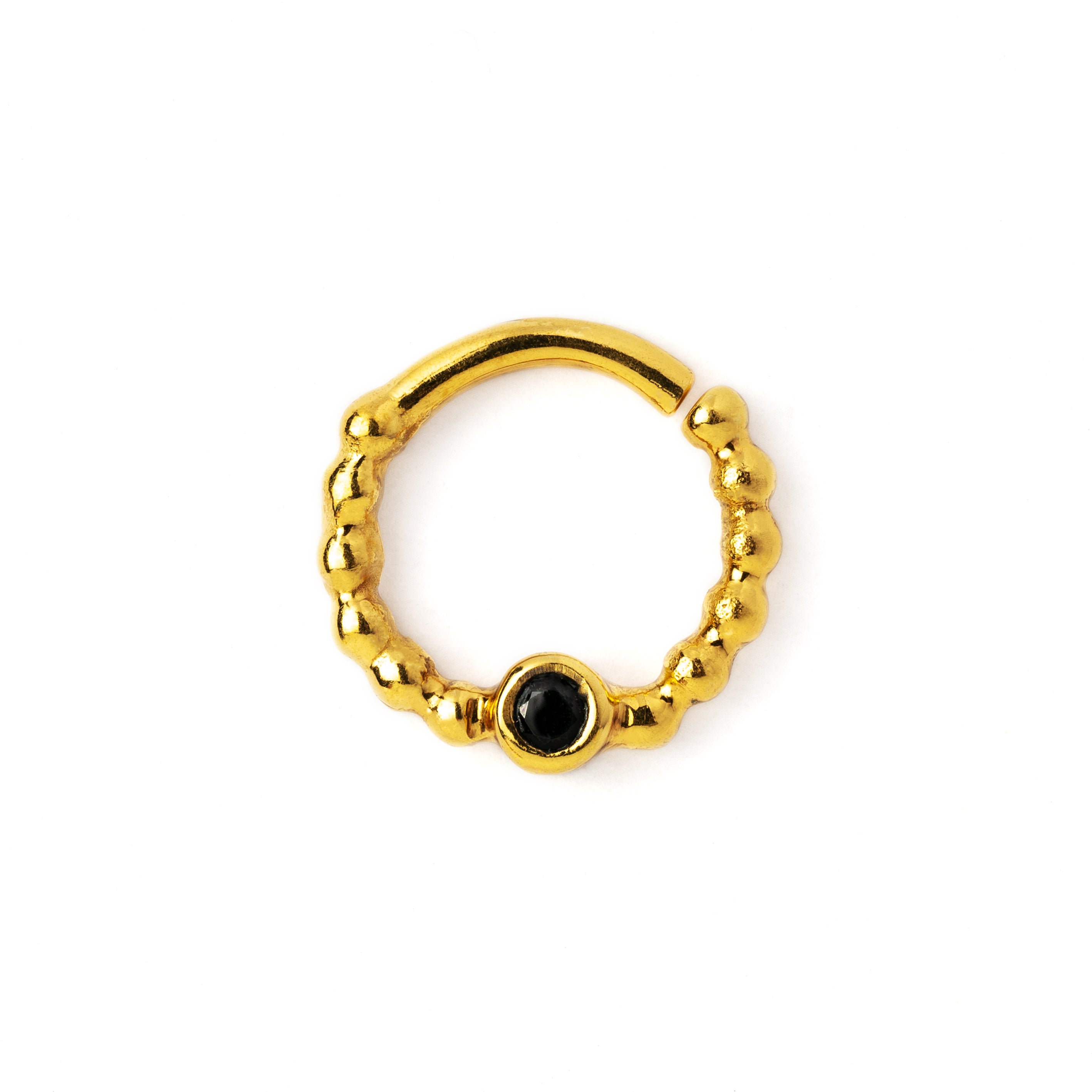gold dotted septum ring with Black Spinal gemstone frontal view