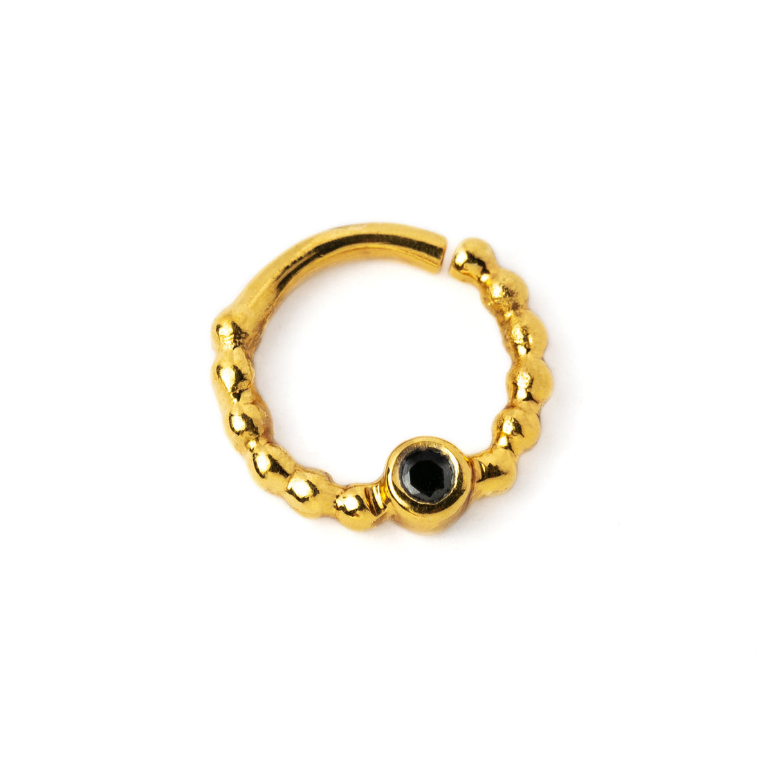 gold dotted septum ring with Black Spinal gemstone right side view