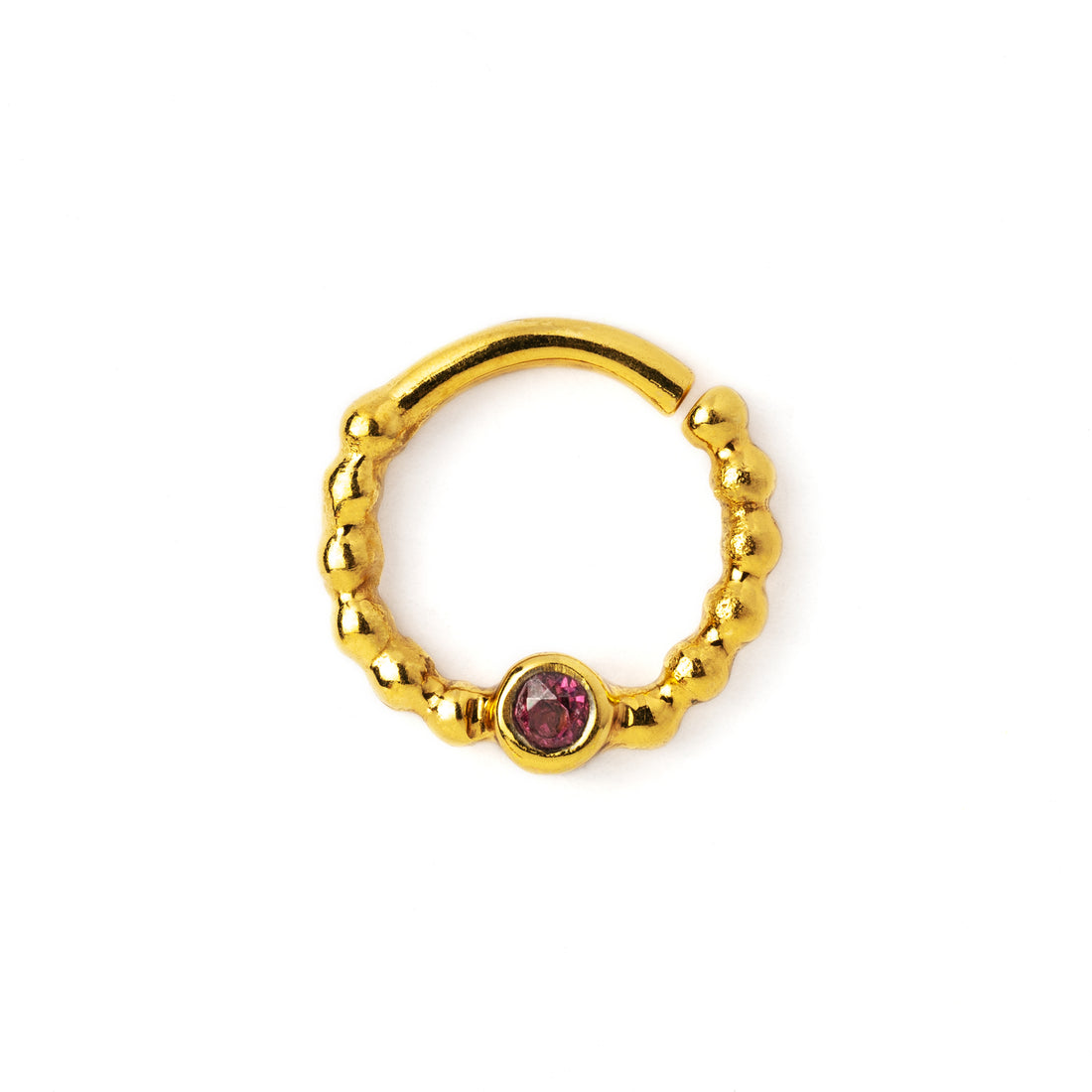 gold dotted septum ring with Garnet gemstone frontal view