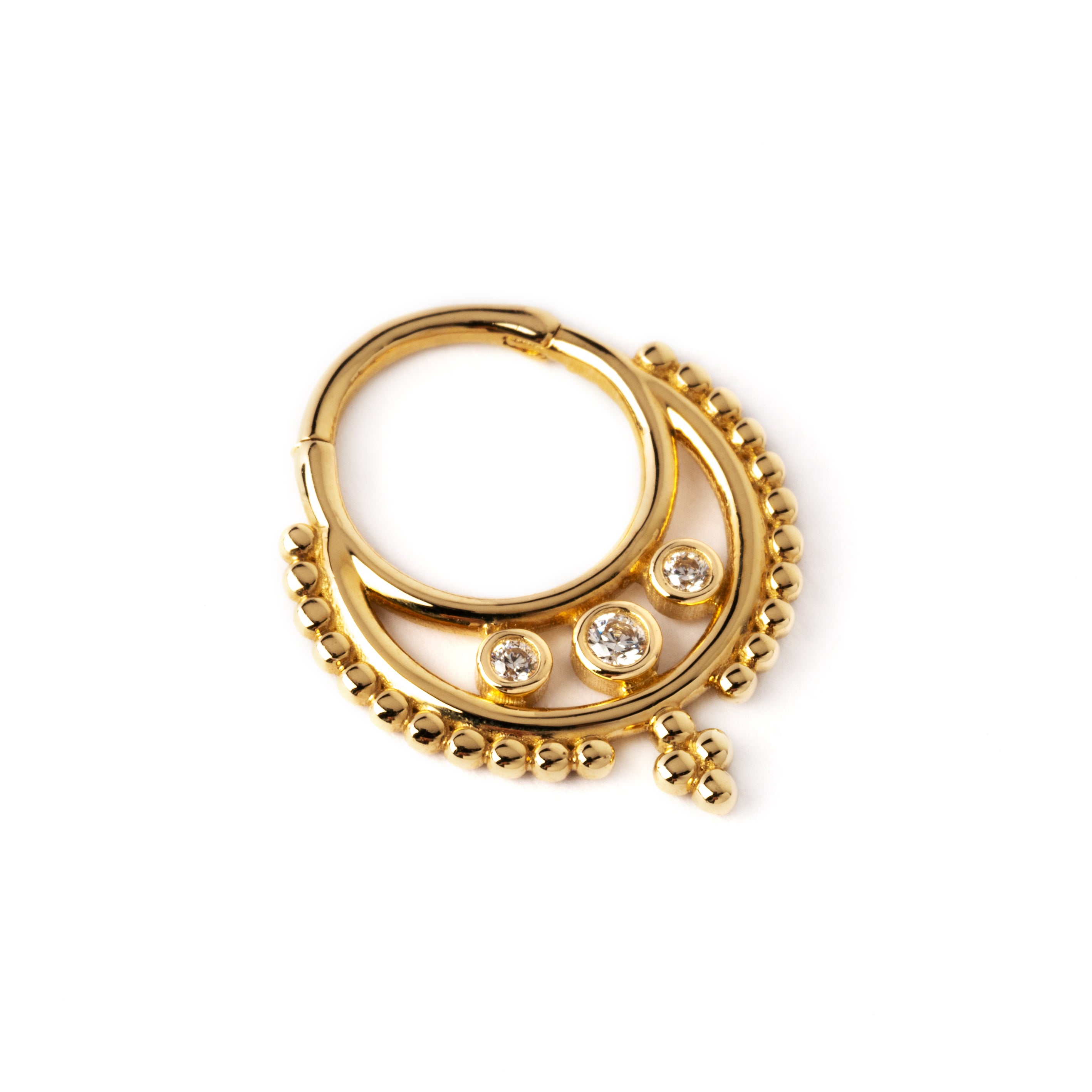 Gold Rani septum clicker with trio CZ right side view
