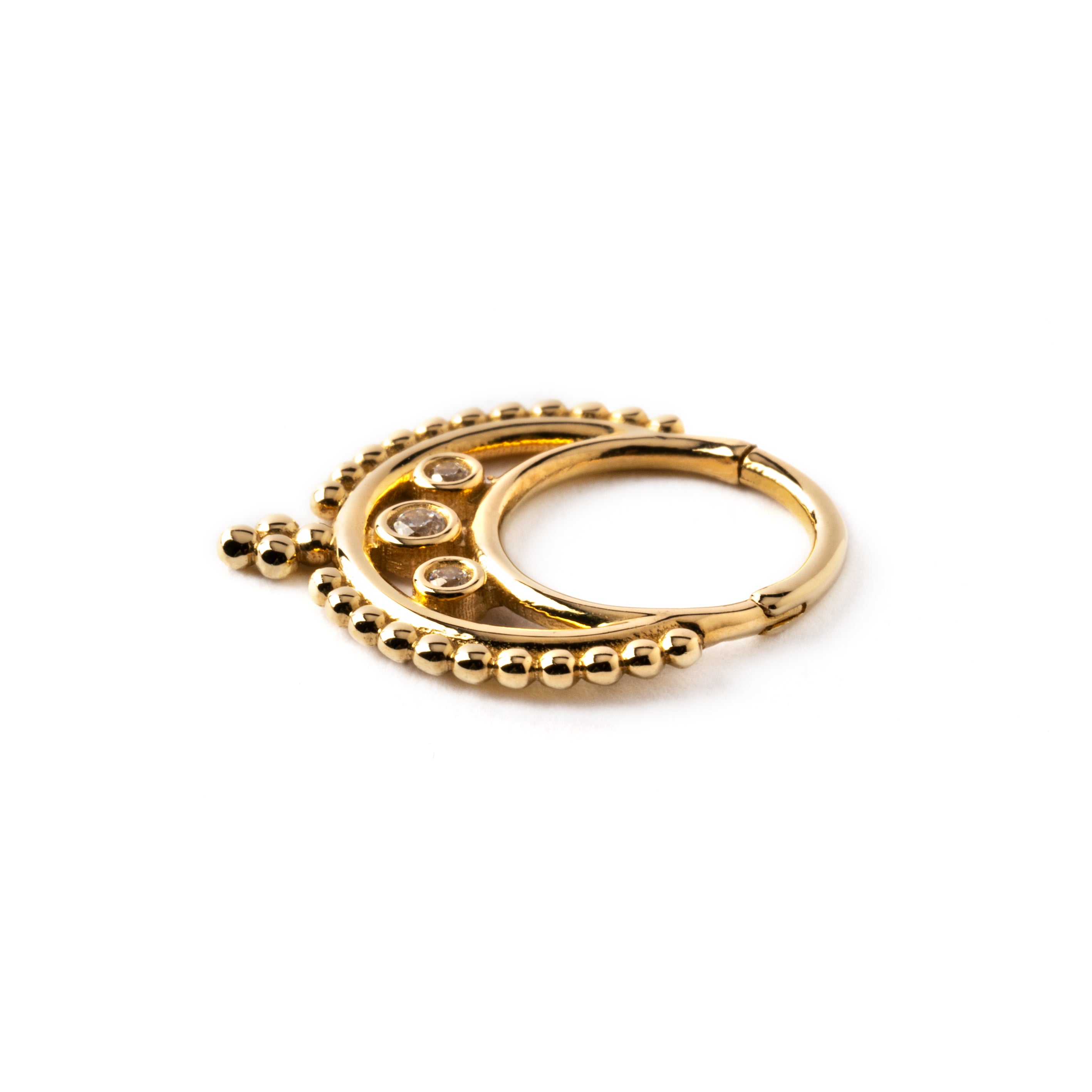 Gold Rani septum clicker with trio CZ side view