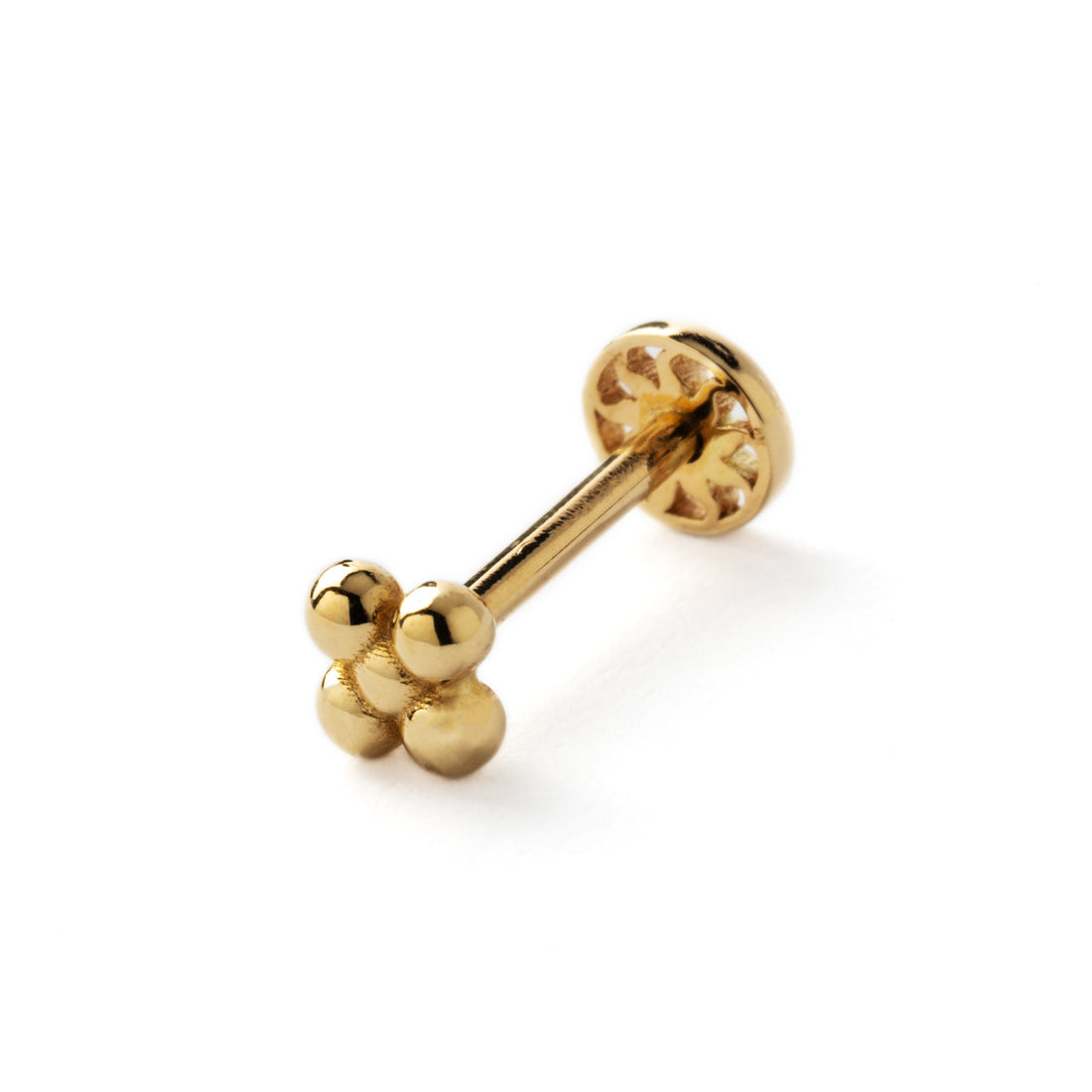 14k Gold internally threaded screw back earring 1.2mm (16g), 8mm, dots flower labret stud right side view