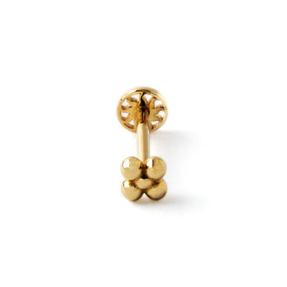 14k Gold internally threaded screw back earring 1.2mm (16g), 8mm, dots flower labret stud frontal view