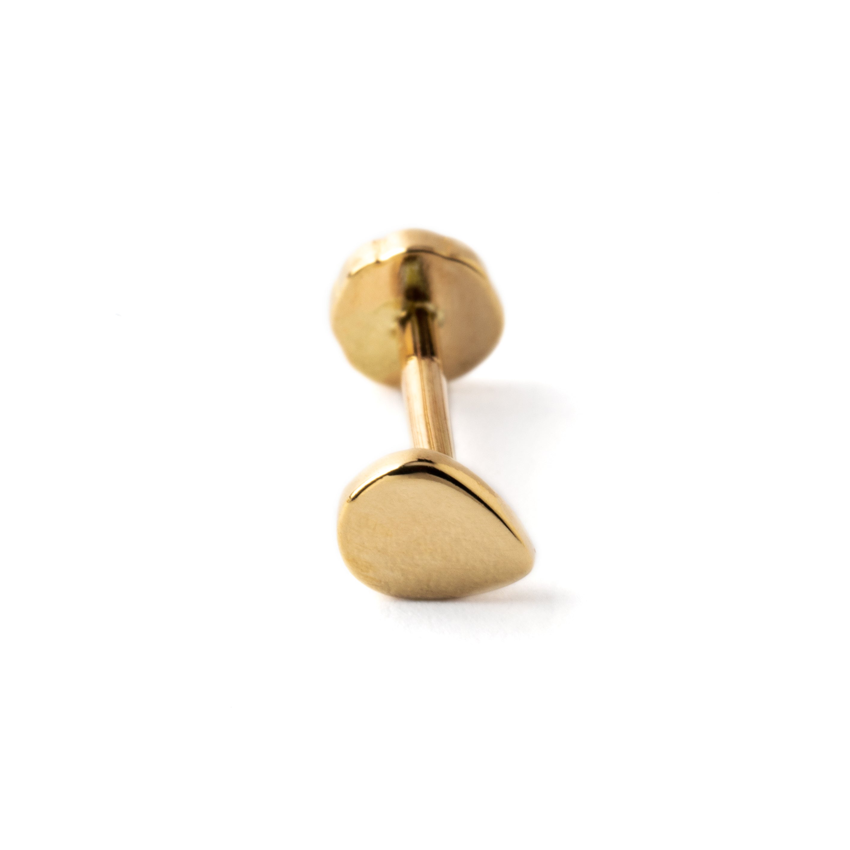 14k Gold internally threaded screw back earring 1.2mm (16g), 8mm, teardrop labret stud frontal view