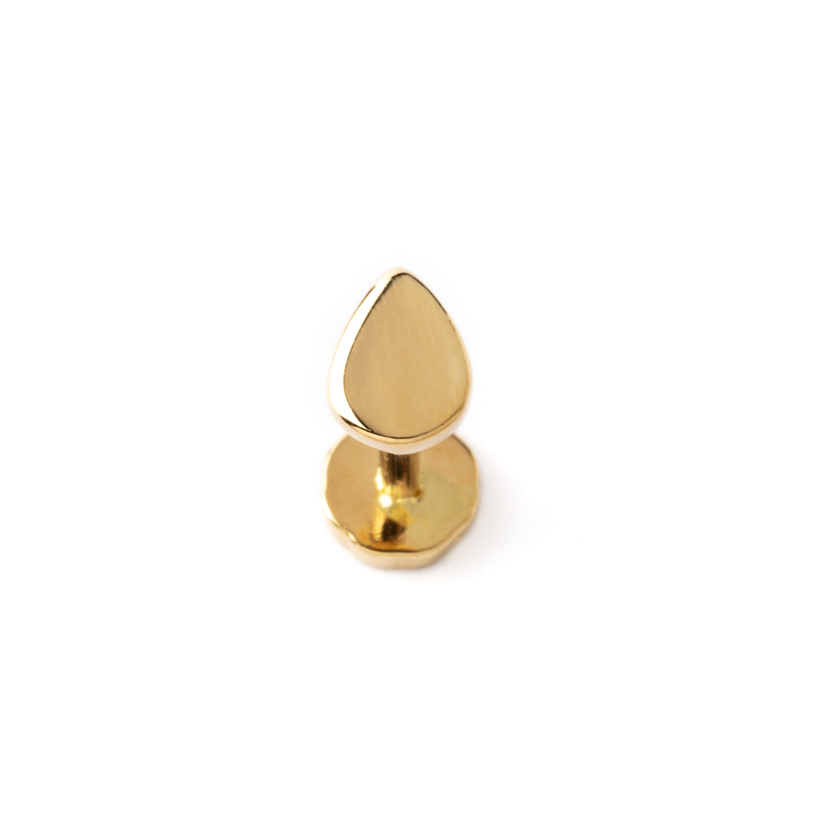 14k Gold internally threaded screw back earring 1.2mm (16g), 8mm, teardrop labret stud frontal view