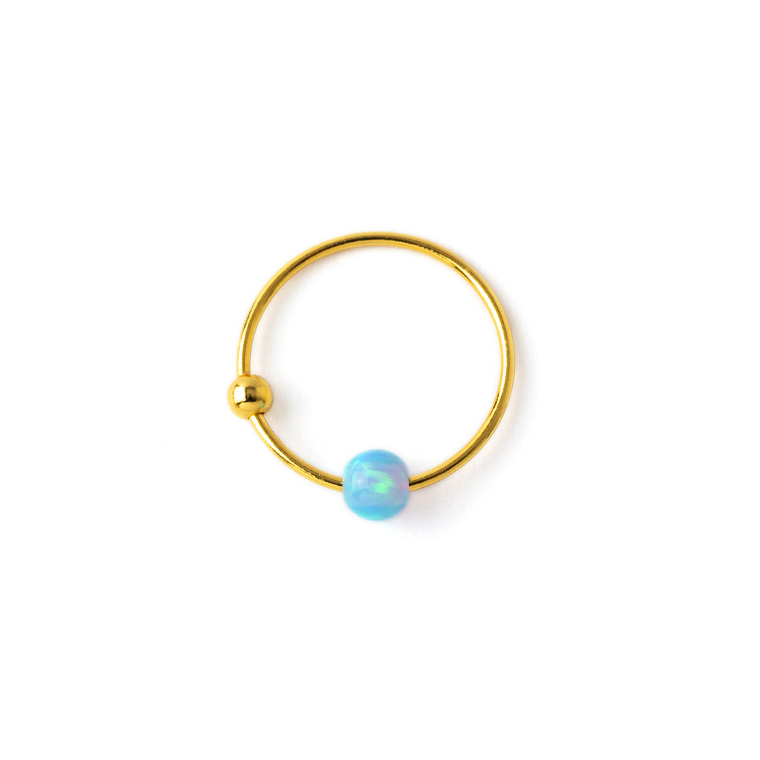 18k Gold nose ring with blue Opal bead frontal view