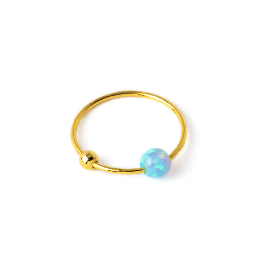 18k Gold nose ring with blue Opal bead left side view