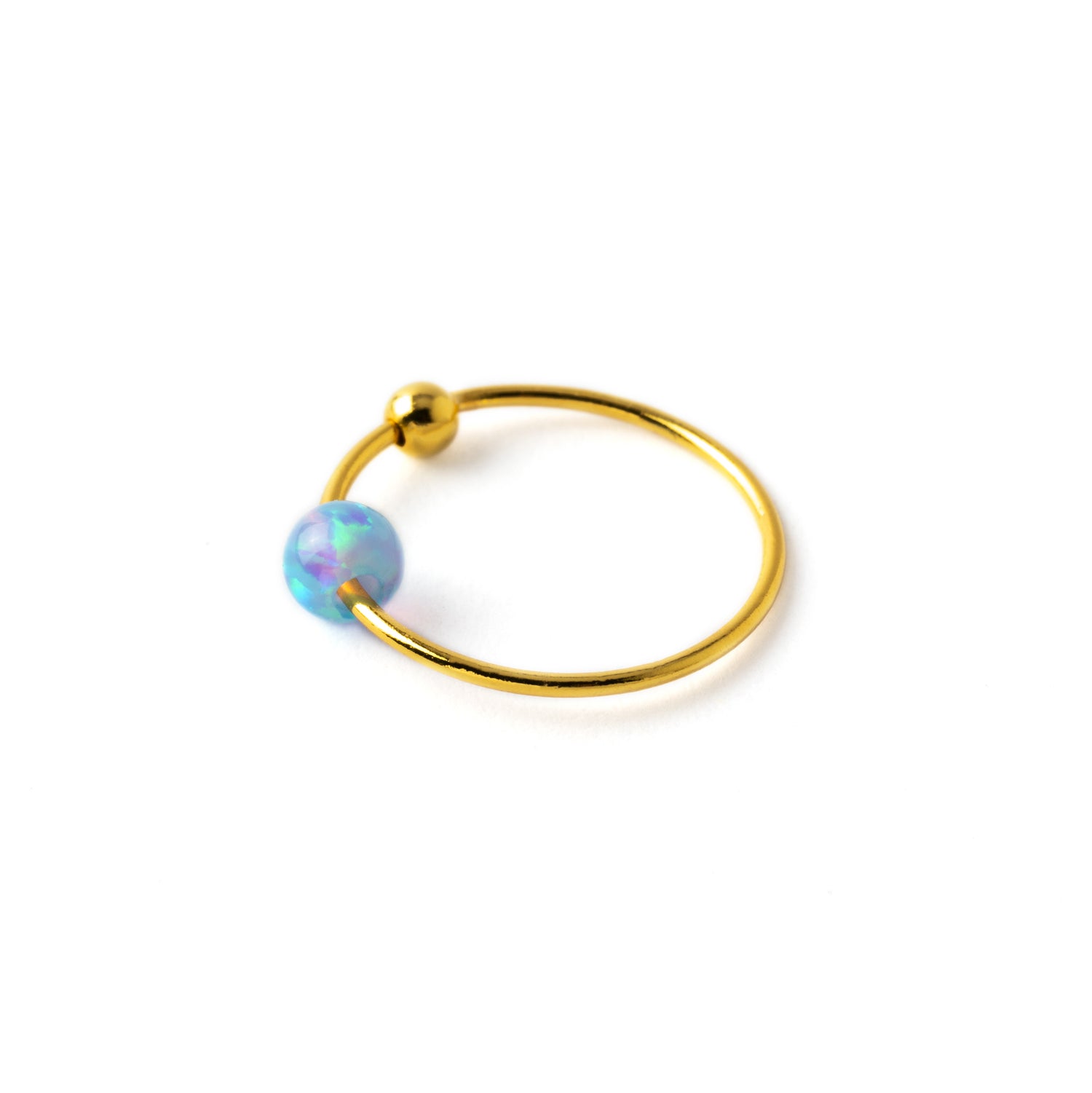 18k Gold nose ring with blue Opal bead right side view
