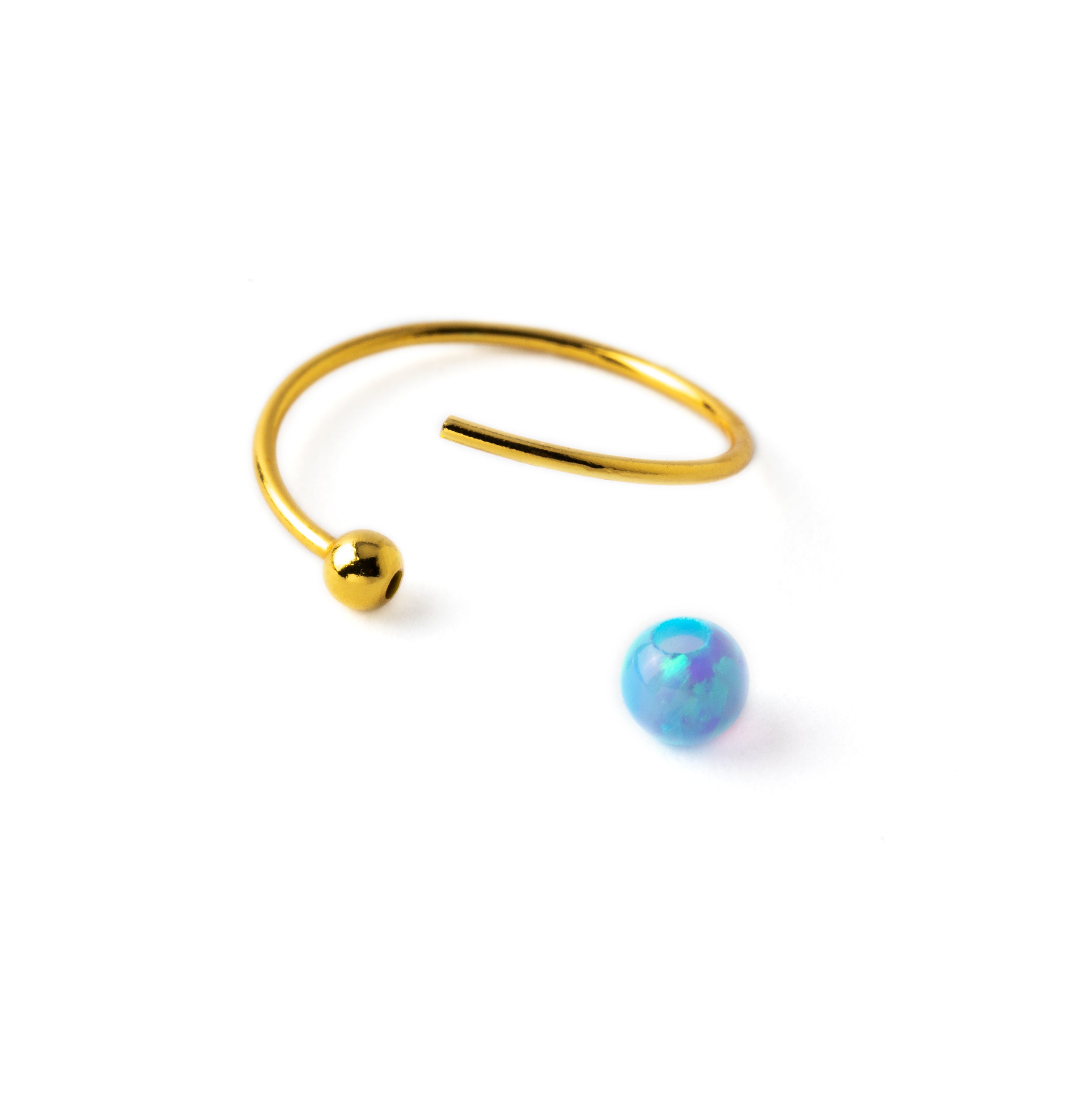 18k Gold nose ring with blue Opal bead open mode view