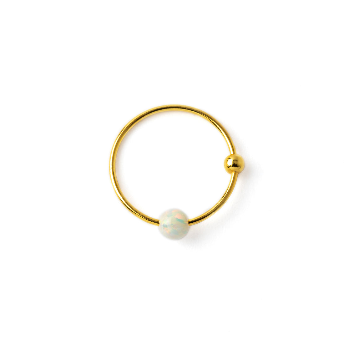 18k Gold nose ring with white Opal bead frontal view