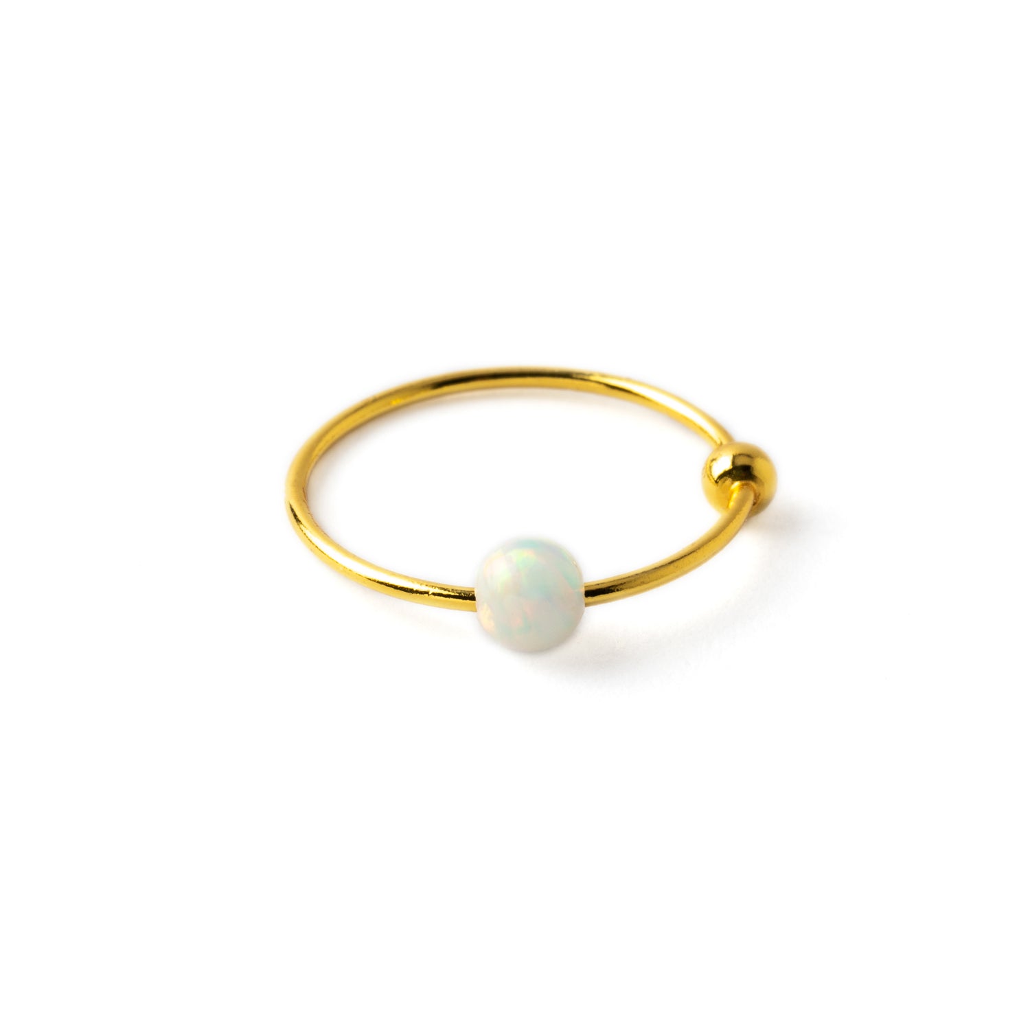 18k Gold nose ring with white Opal bead frontal view