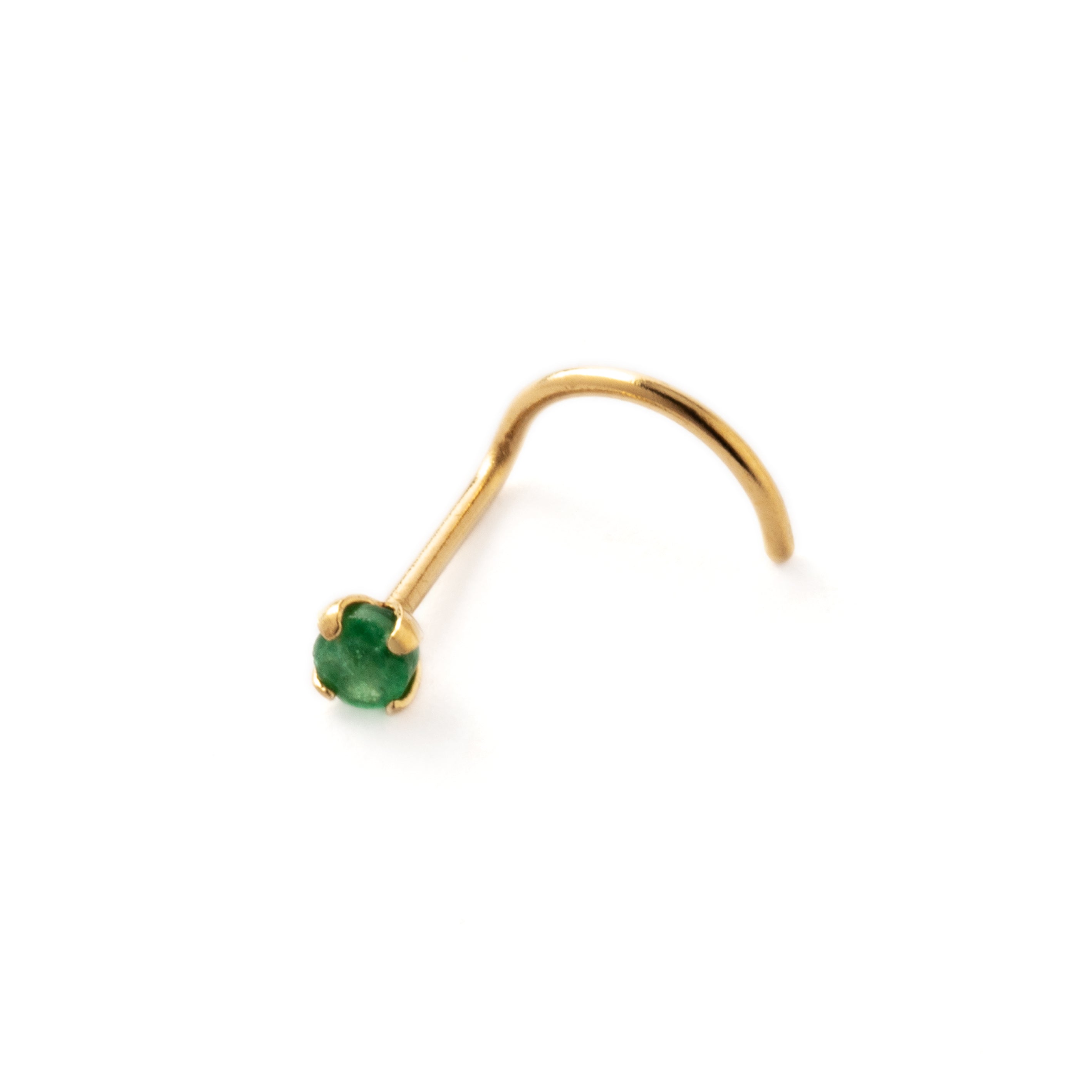 14k gold nose stud with Emerald right front view