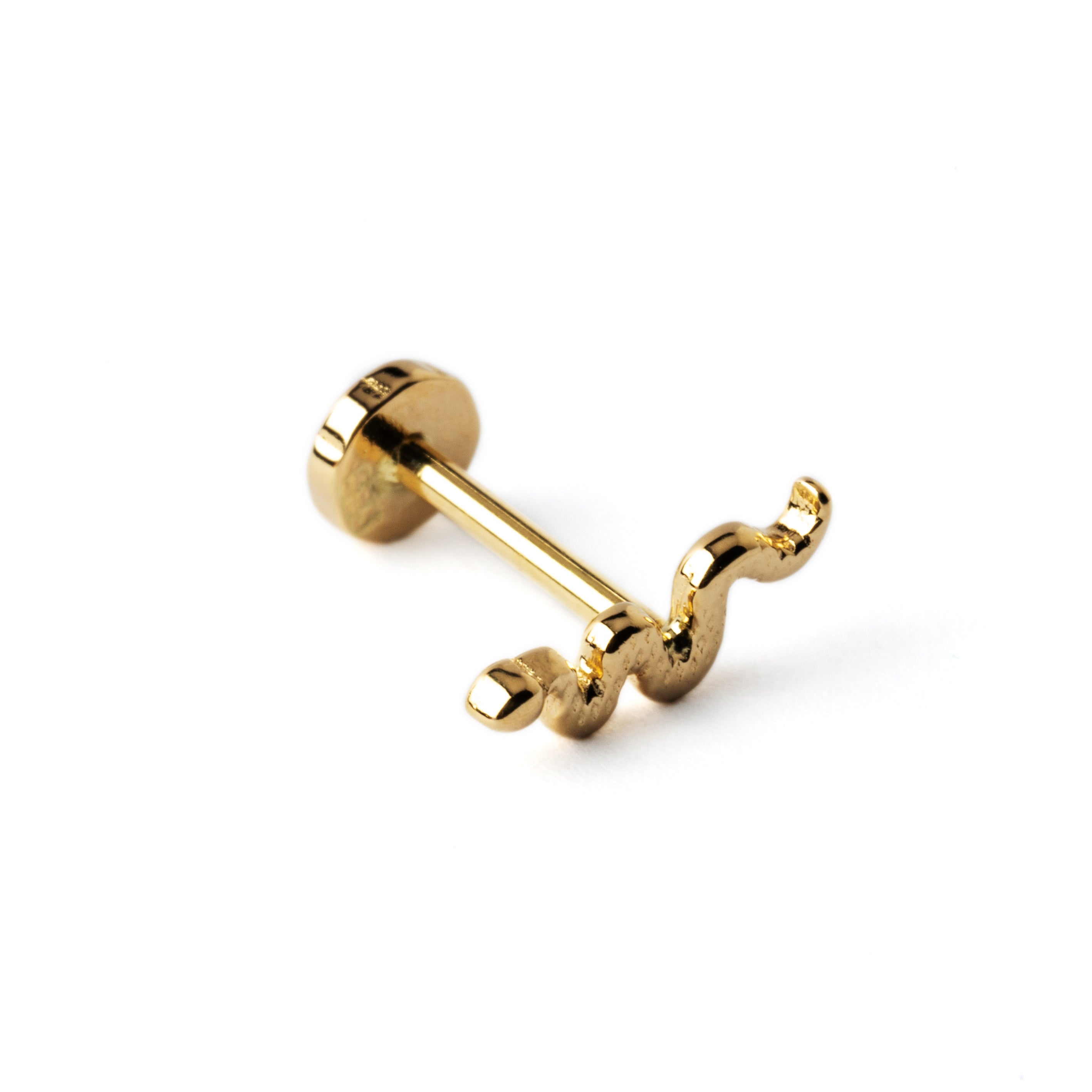 14k Gold internally threaded serpent 16g flat back labret stud right side view
