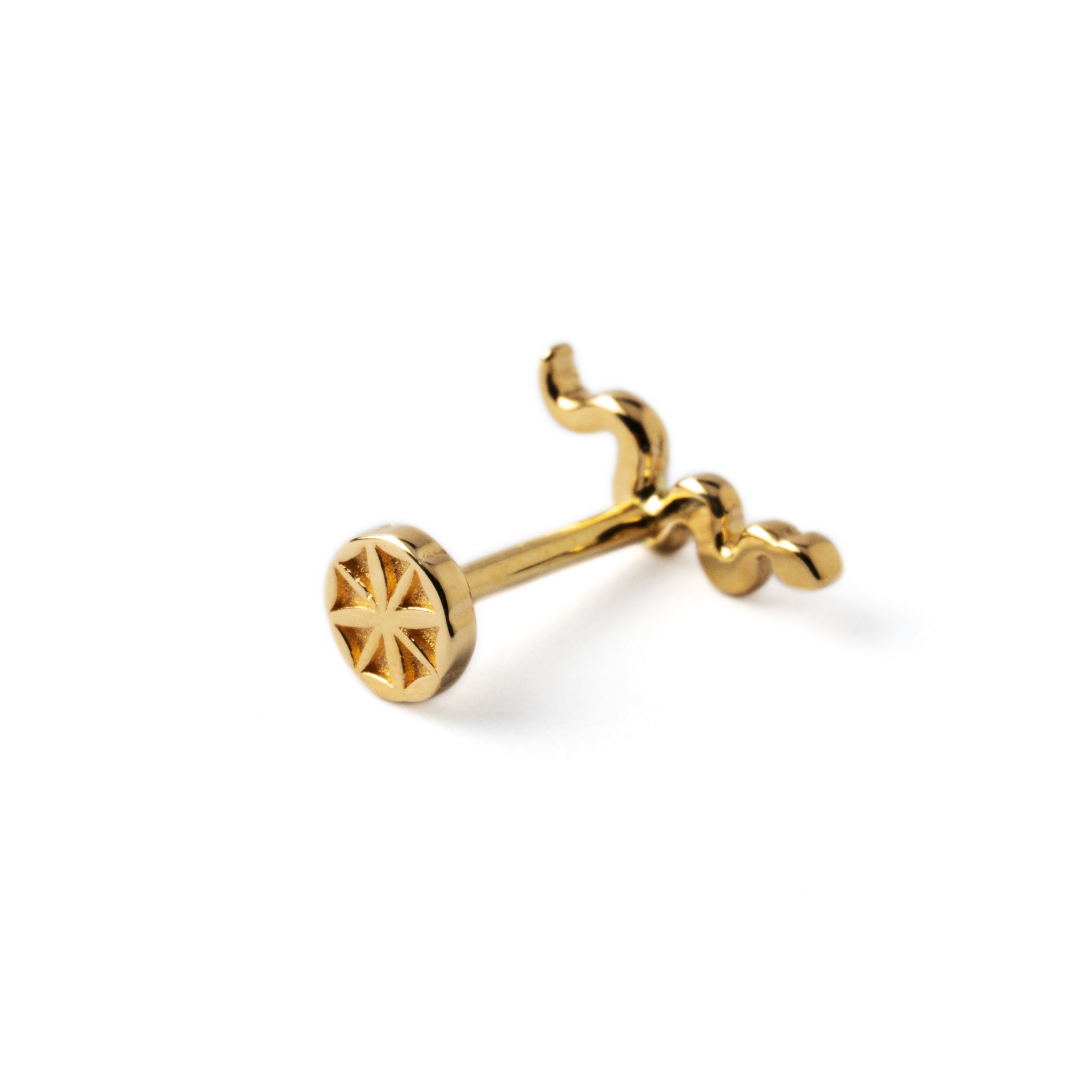 14k Gold internally threaded serpent 16g flat back labret stud back side view