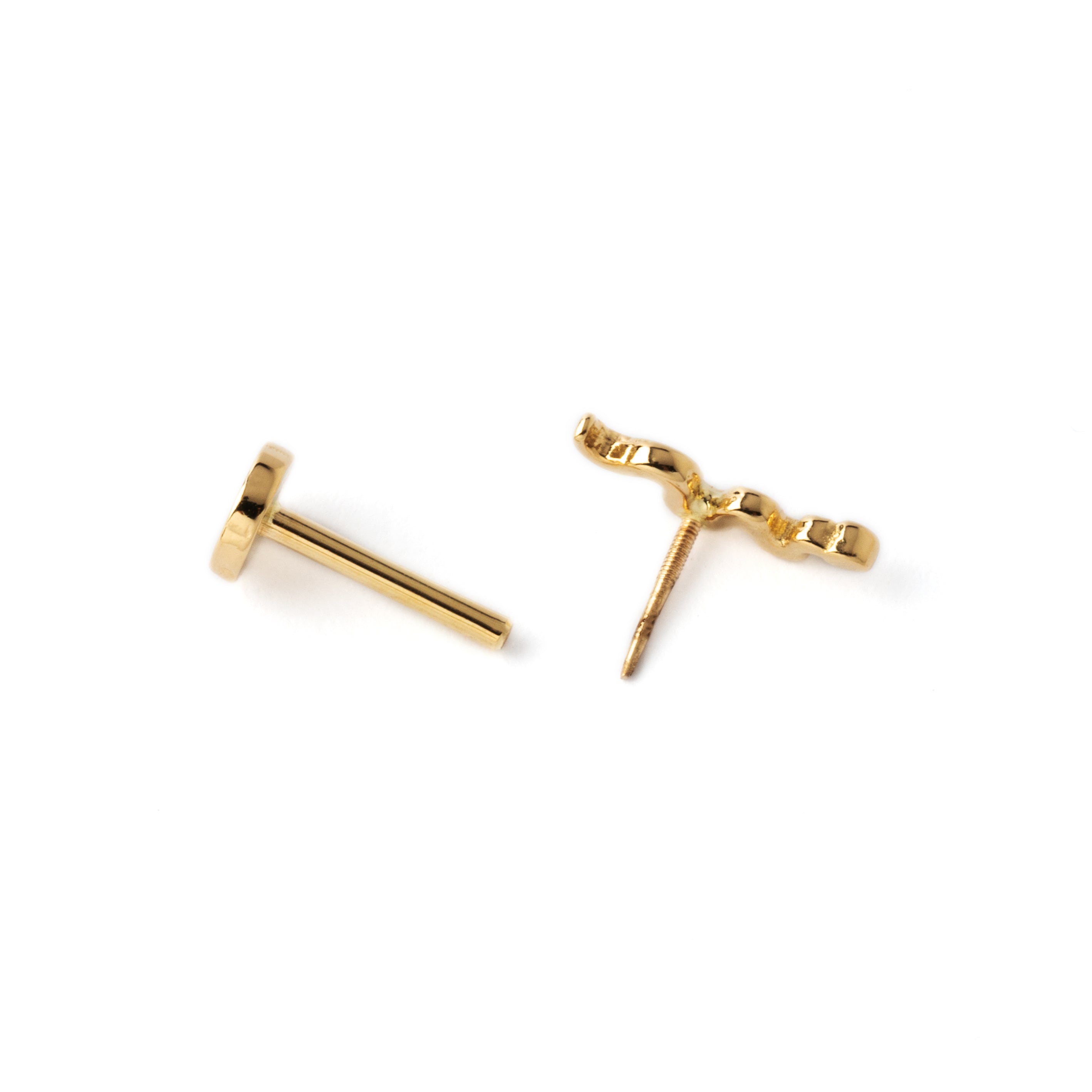 14k Gold internally threaded serpent 16g flat back labret stud screw back closure view