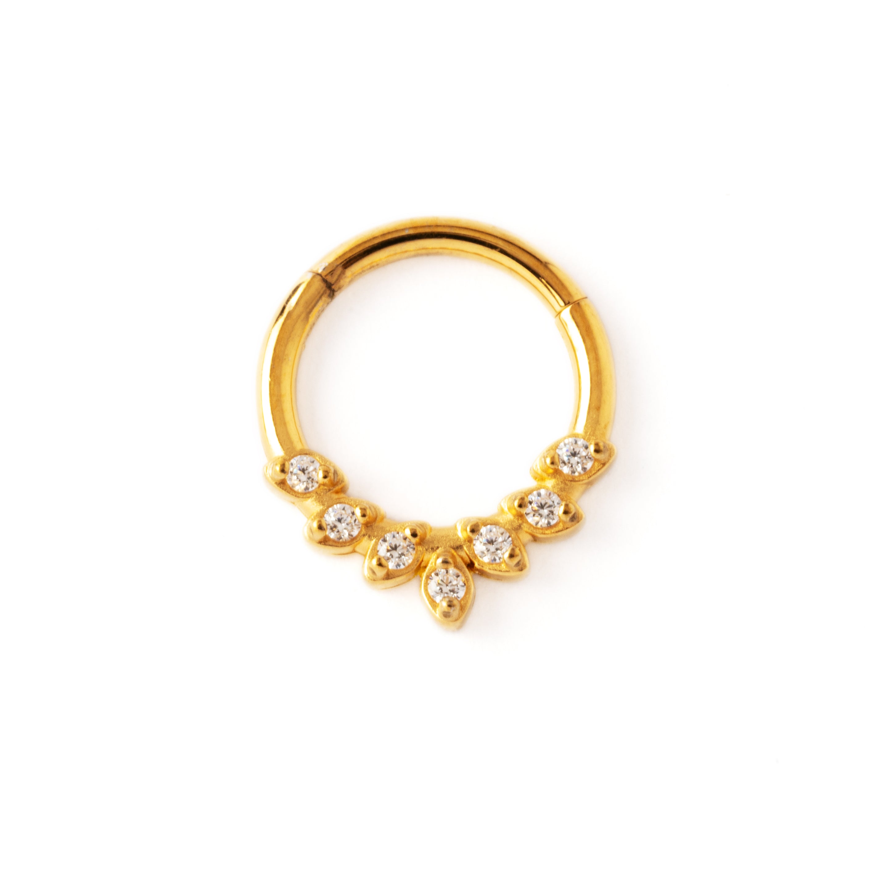 gold surgical steel teardrop petals septum clicker with crystals frontal view