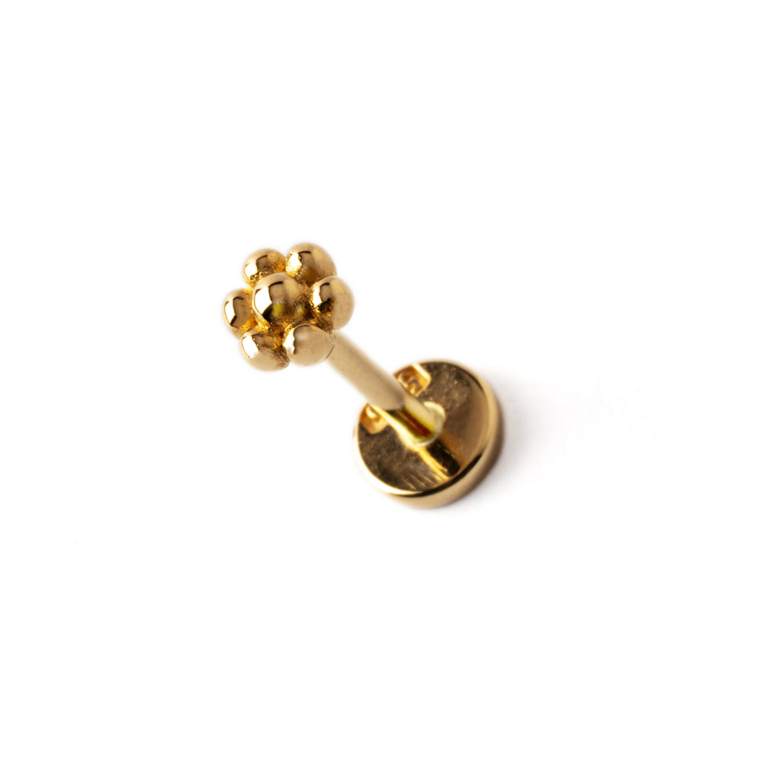 14k Gold internally threaded screw back earring 1.2mm (16g), 8mm, dots flower labret stud right side view