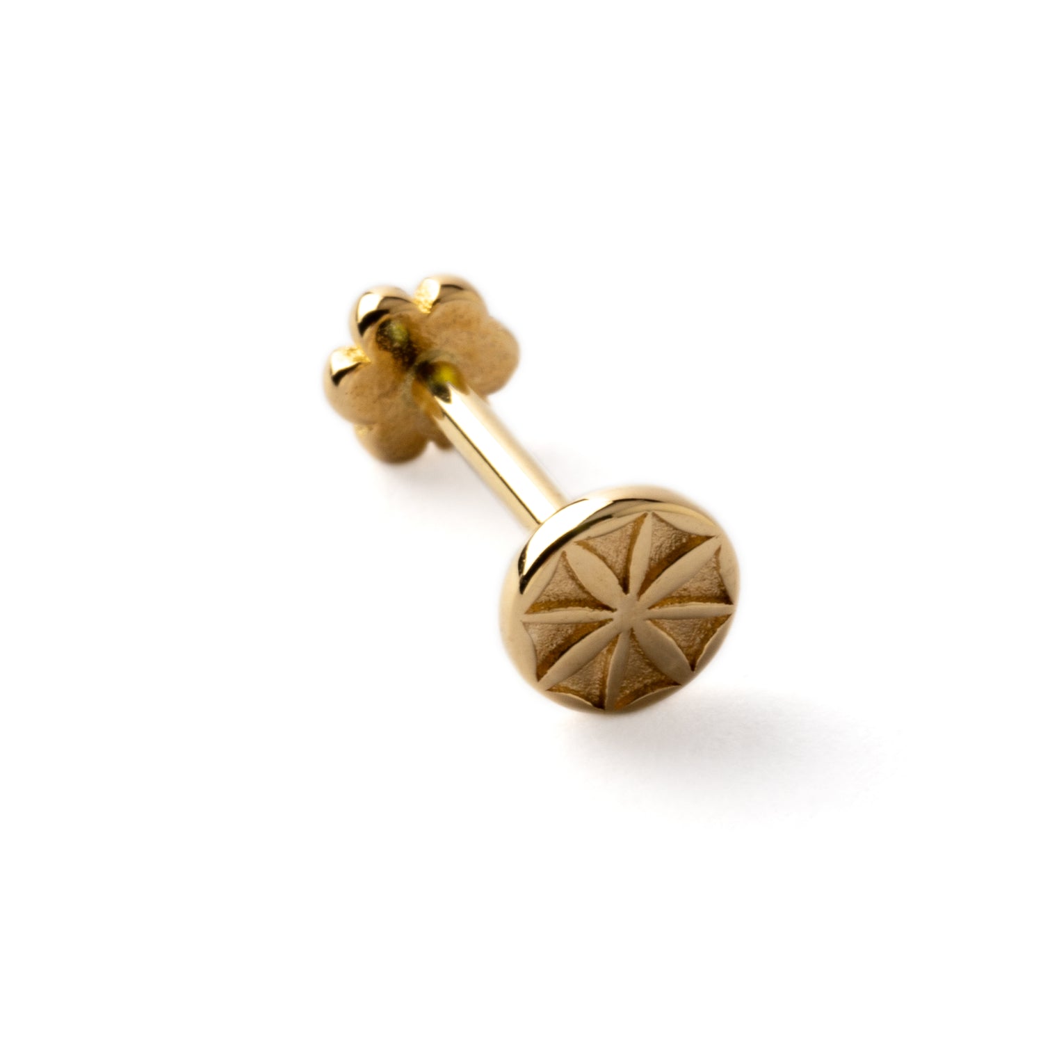 14k Gold internally threaded screw back earring 1.2mm (16g), 8mm, dots flower labret stud back side view
