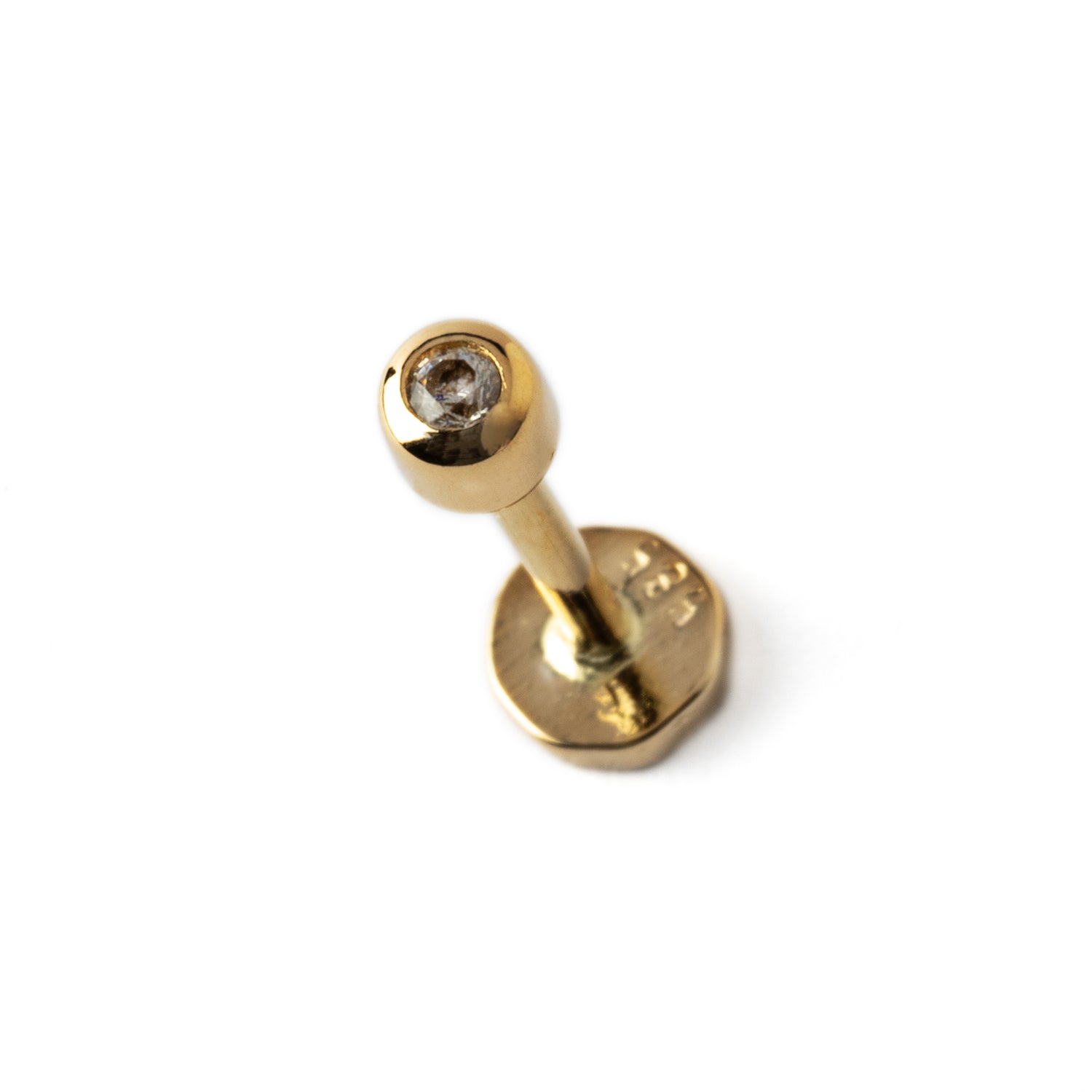 14k Gold with CZ internally threaded labret stud right side view