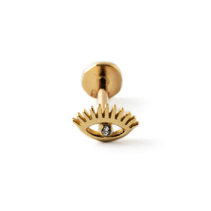 14k Gold internally threaded screw back earring 1.2mm (16g), 8mm, evil eye labret with centred cz frontal view