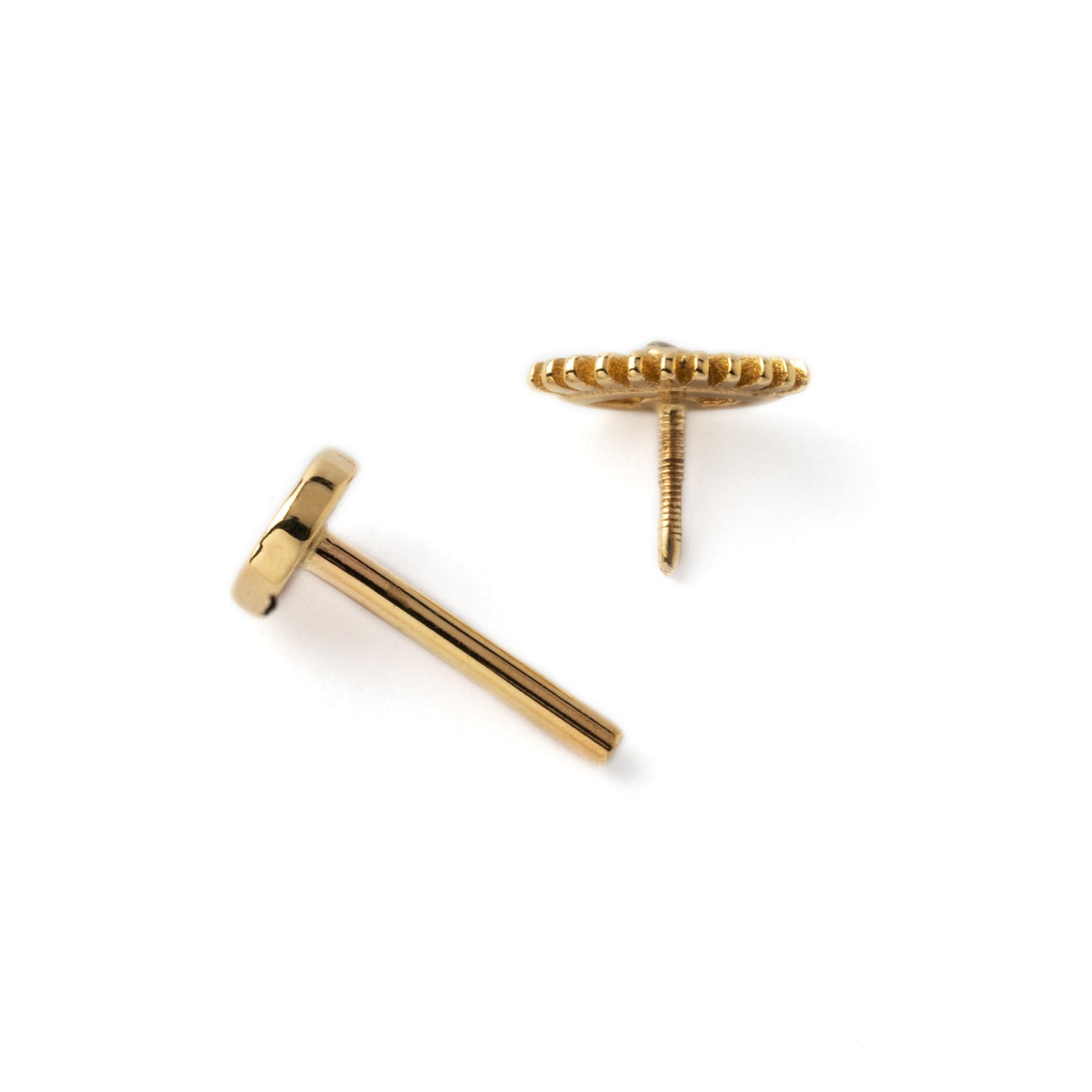 14k Gold internally threaded screw back earring 1.2mm (16g), 8mm, evil eye labret with centred cz closure view