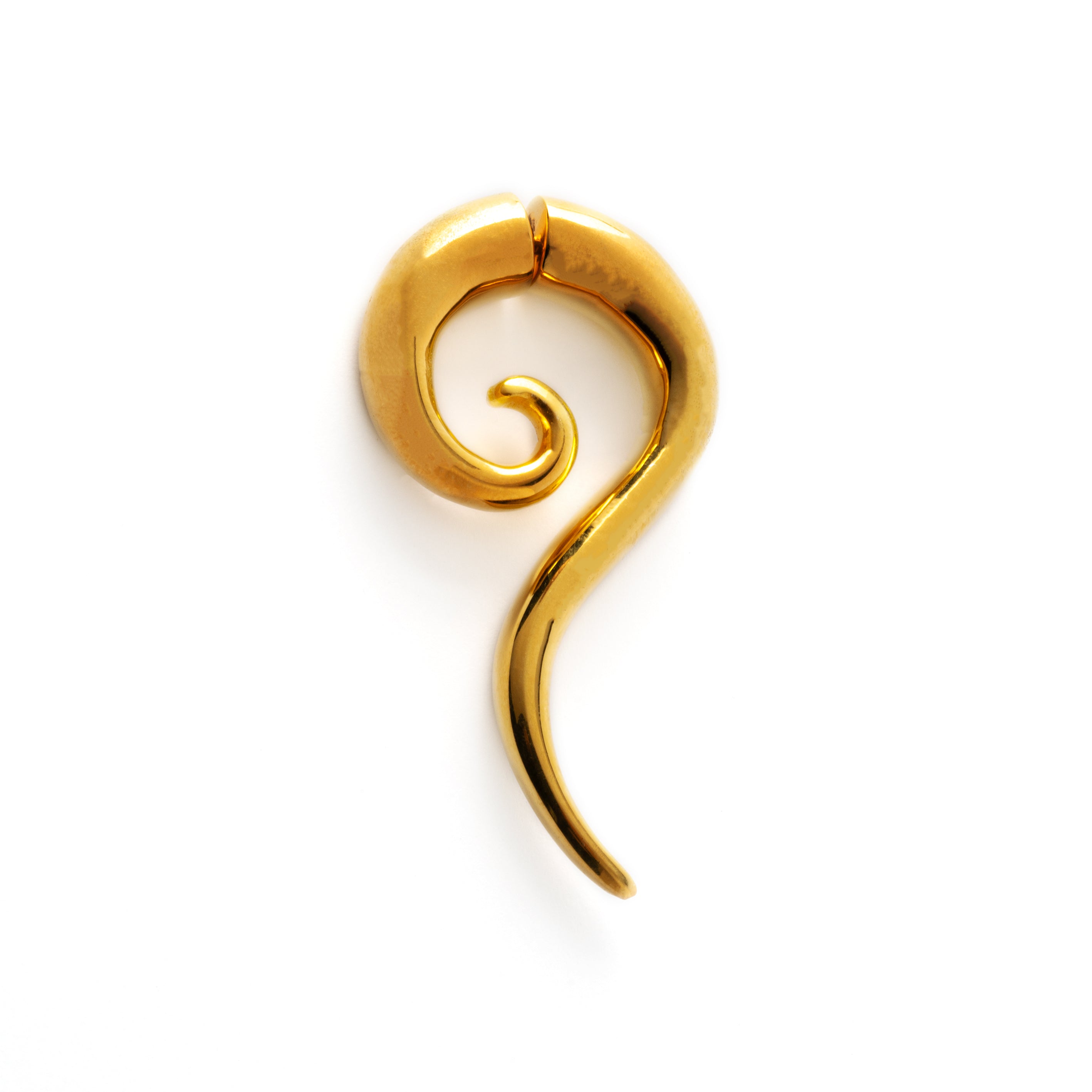 Gold Haku spiralling fake gauge earring front right view