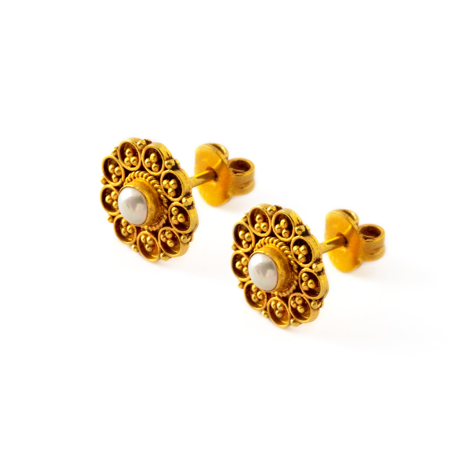 pair of antique Indian gold stud earrings flower shaped with centred pearl left side view