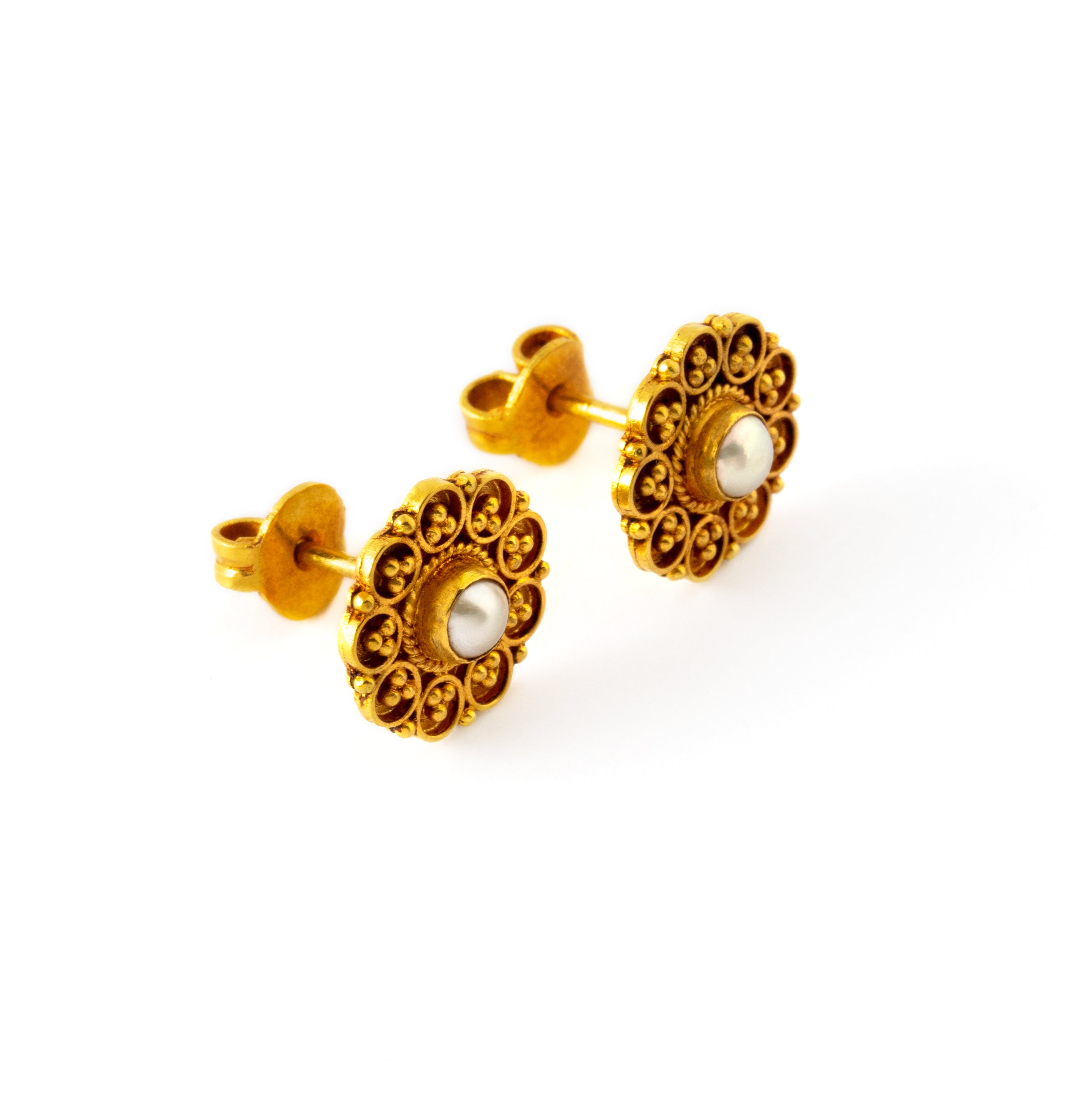 pair of antique Indian gold stud earrings flower shaped with centred pearl right side view