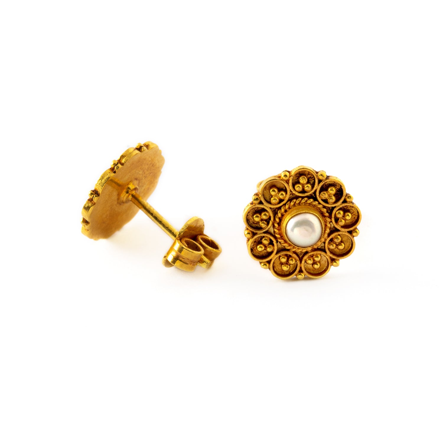 pair of antique Indian gold stud earrings flower shaped with centred pearl front and back view