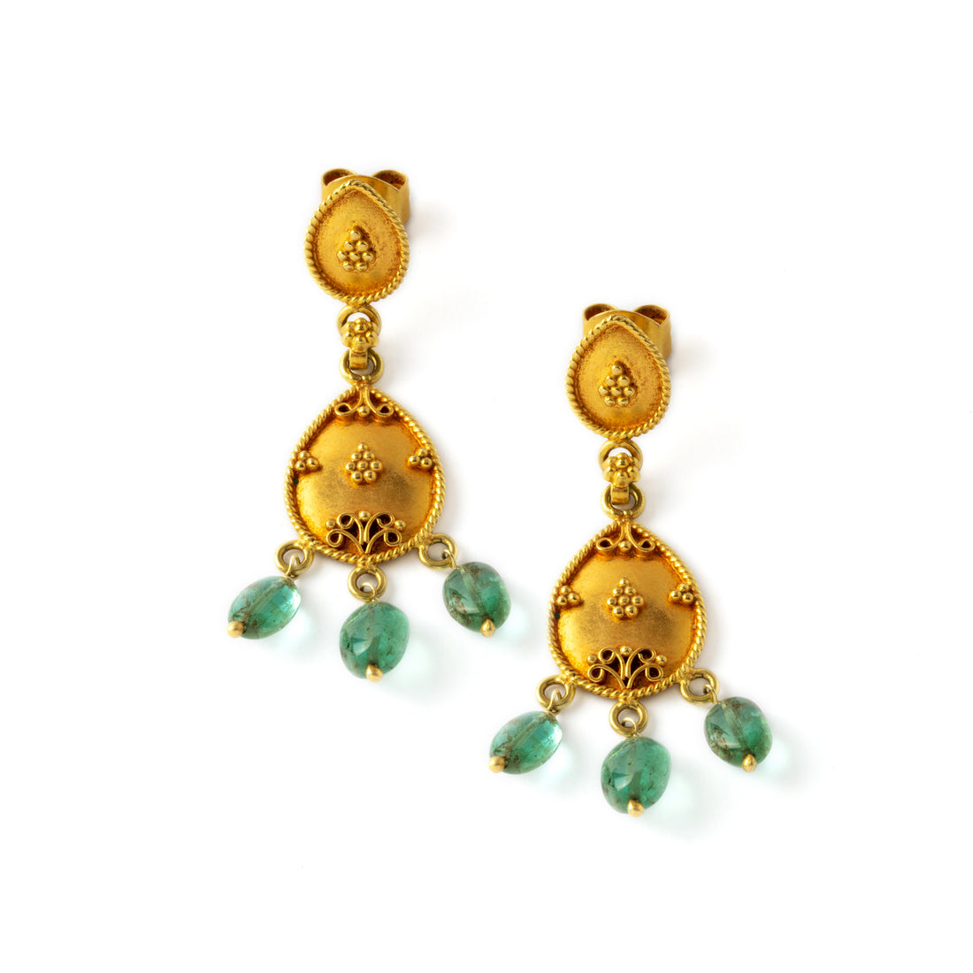 Gold Earrings and Emerald Beads