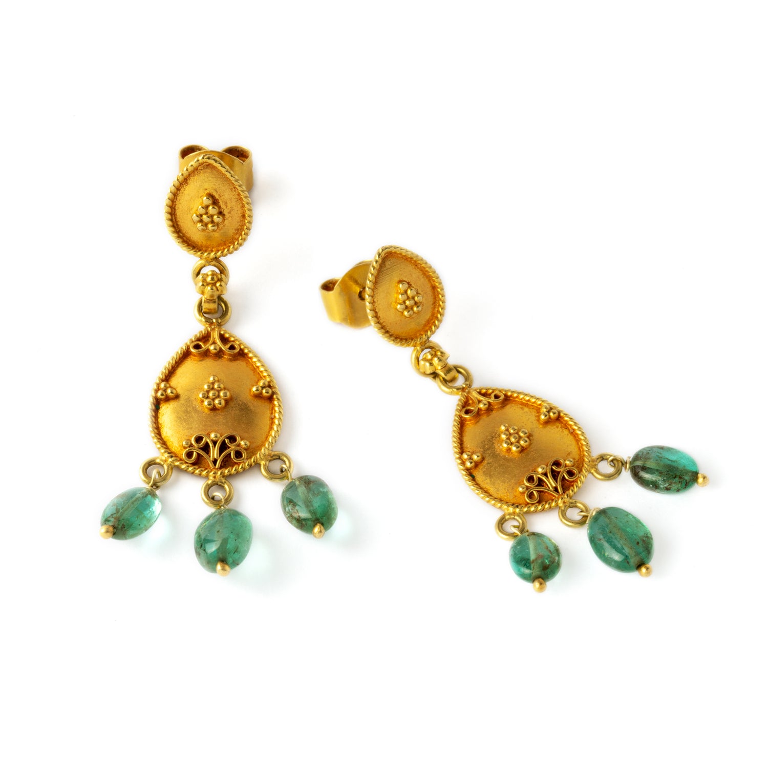 Gold Earrings and Emerald Beads