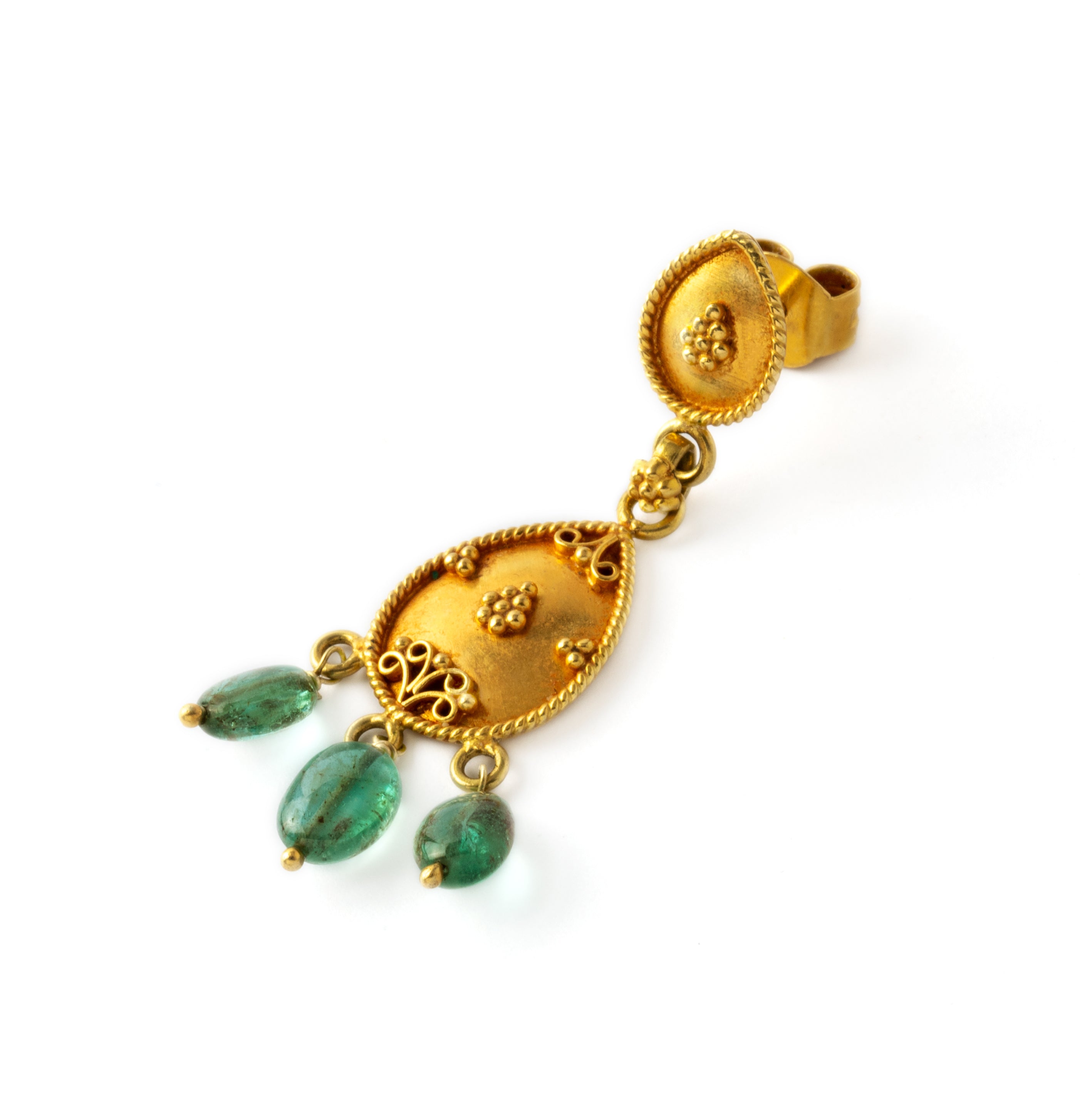 Gold Earrings and Emerald Beads