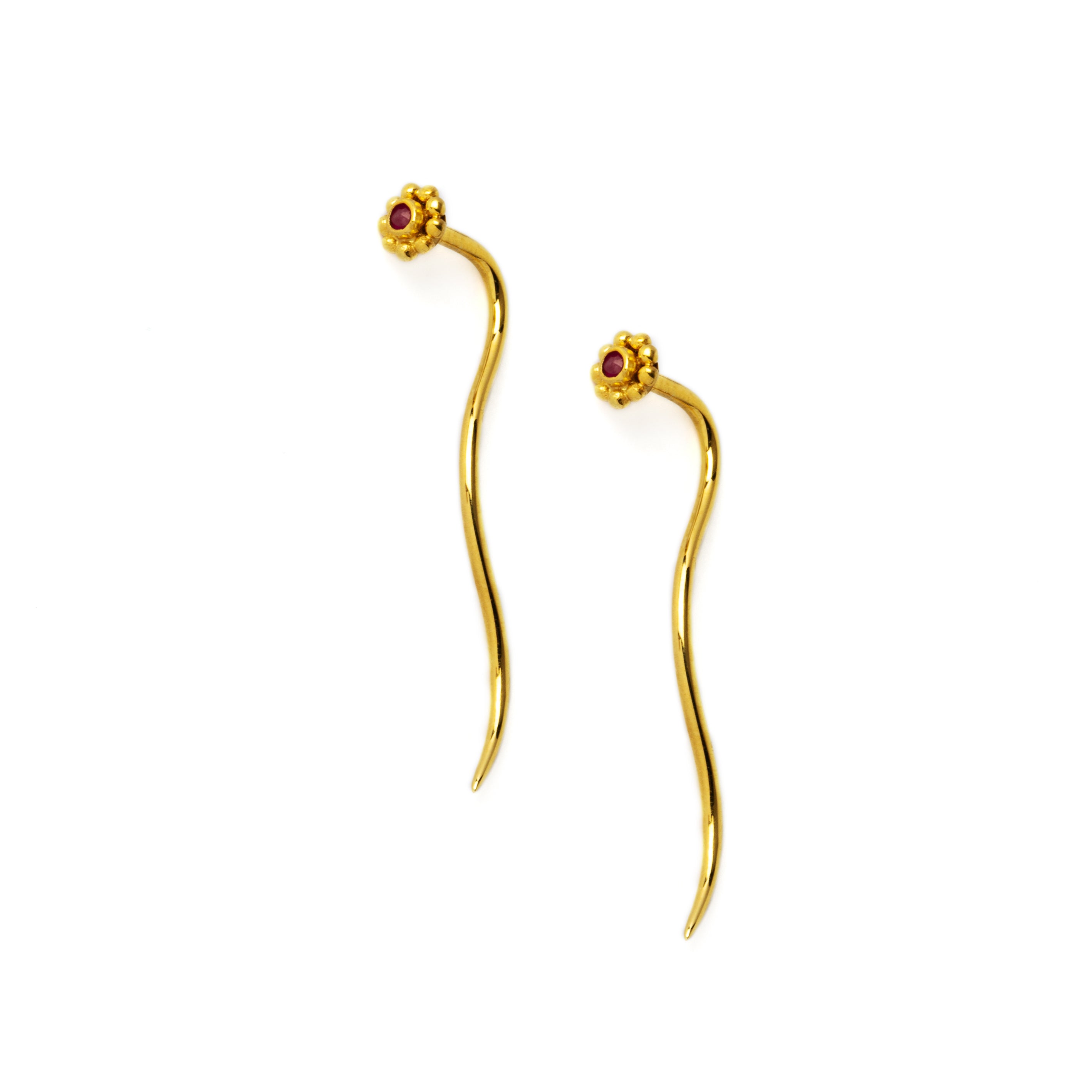 pair of 18k Gold flower &amp; Garnet stem earrings frontal view