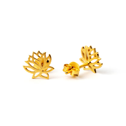 Gold Lotus contour stud earrings front and back view