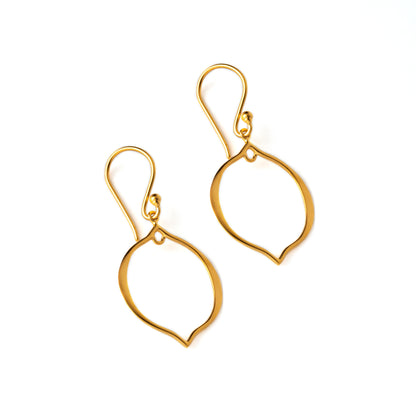 gold dangle earrings with hollow arabesque drop ornament right side view