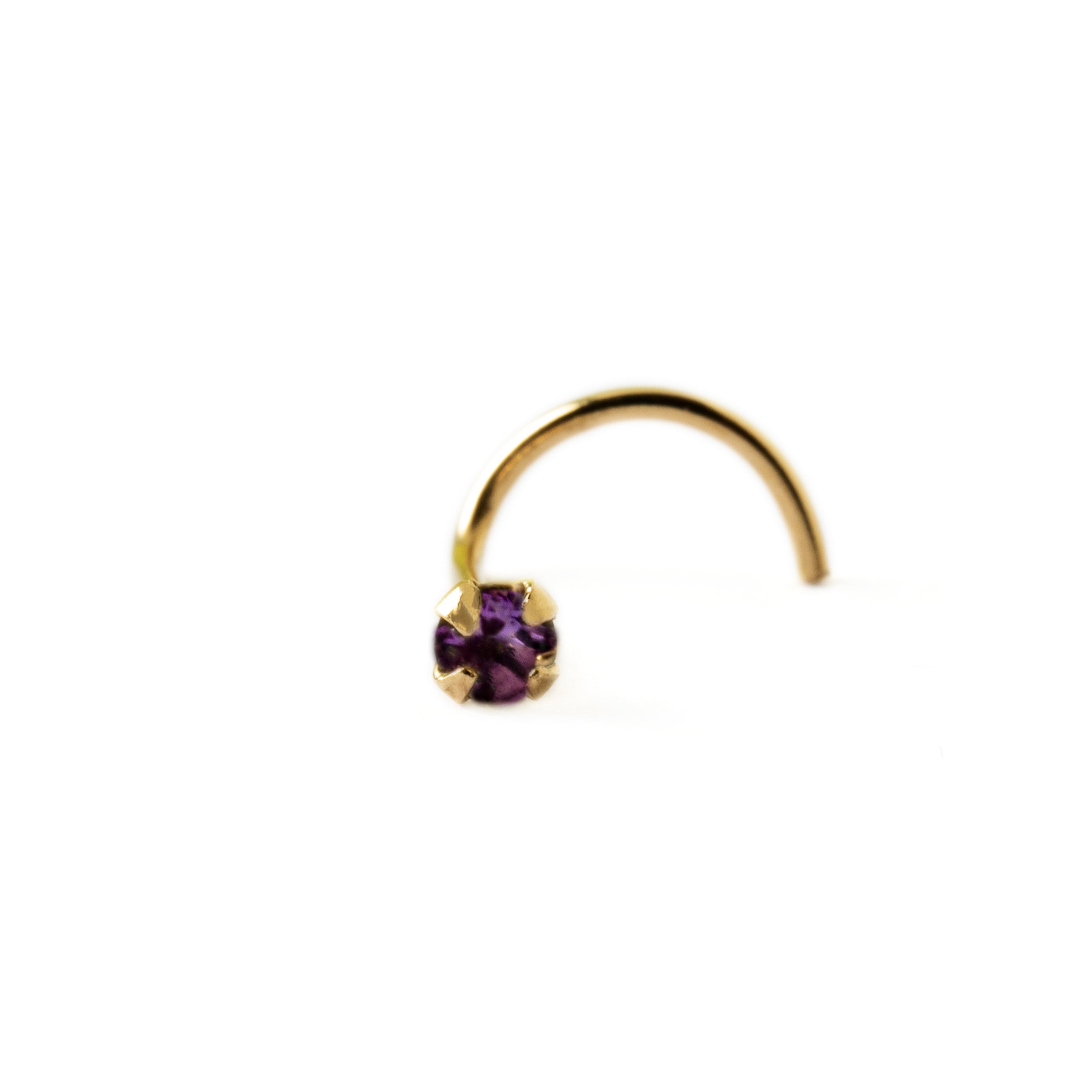 14k Gold nose post with Amethyst frontal view
