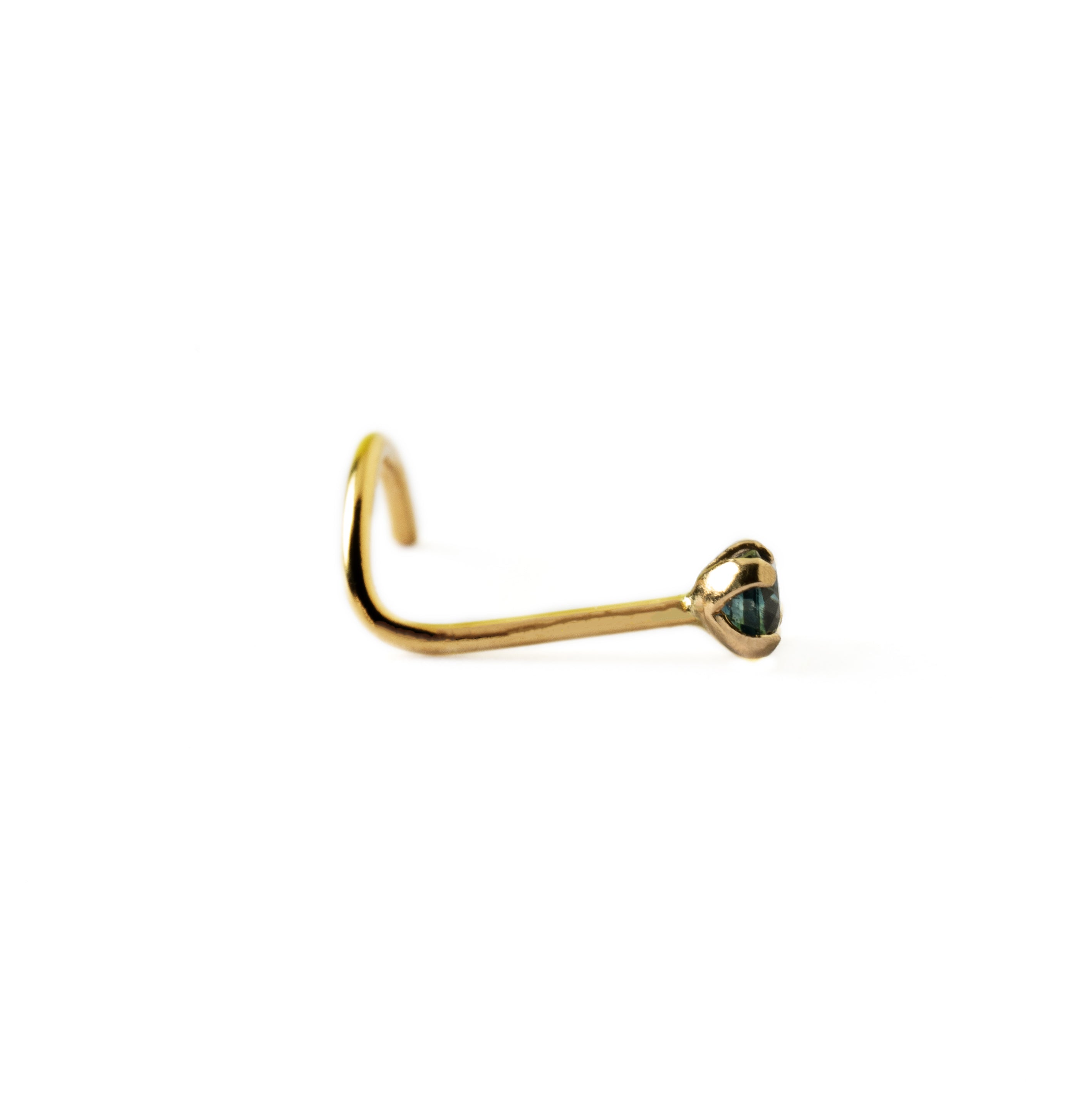 14k Gold nose post with Sapphire side view