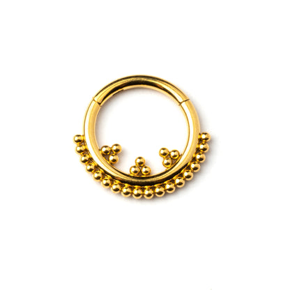 Gold Orbit surgical steel septum clicker with dots ornaments frontal view