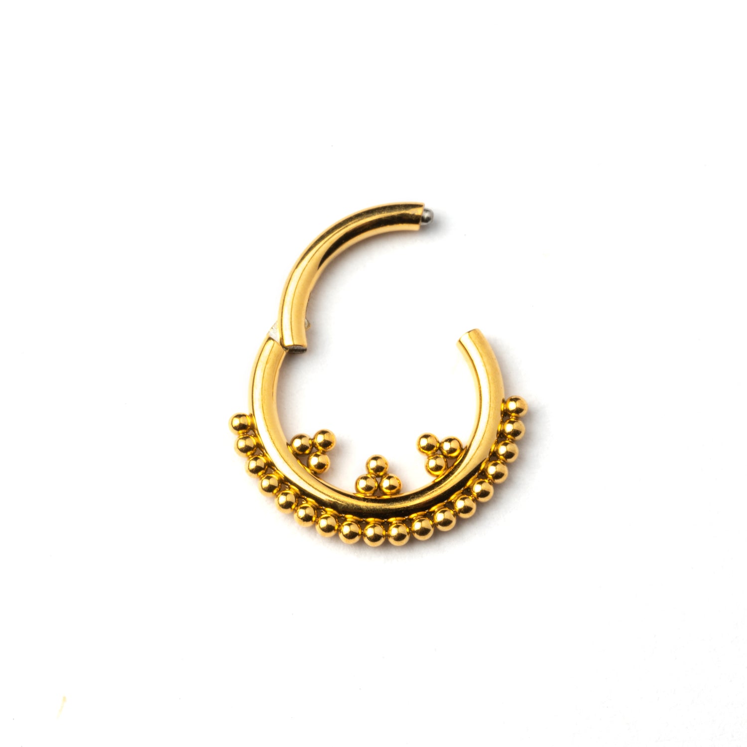 Gold Orbit surgical steel septum clicker with dots ornaments closure view