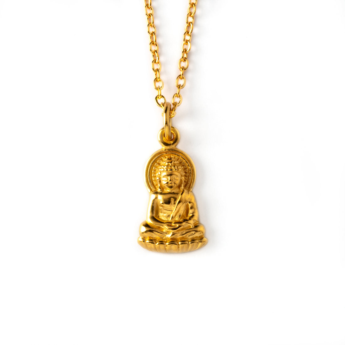 24k gold plated sitting buddha charm necklace on a gold chain frontal view